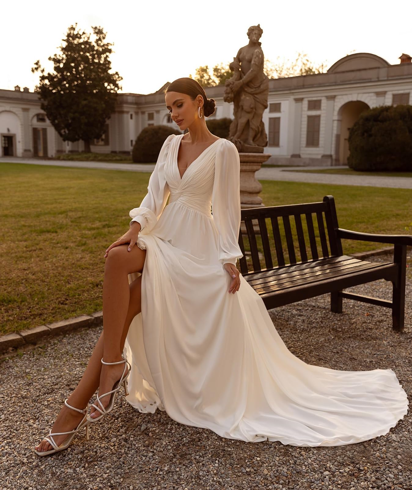 POMUYOO 2025 Long Beach Wedding Dresses for Bride – Elegant Chiffon Lace Bridal Gowns with Sleeves | Perfect for Beach, Garden & Destination Weddings