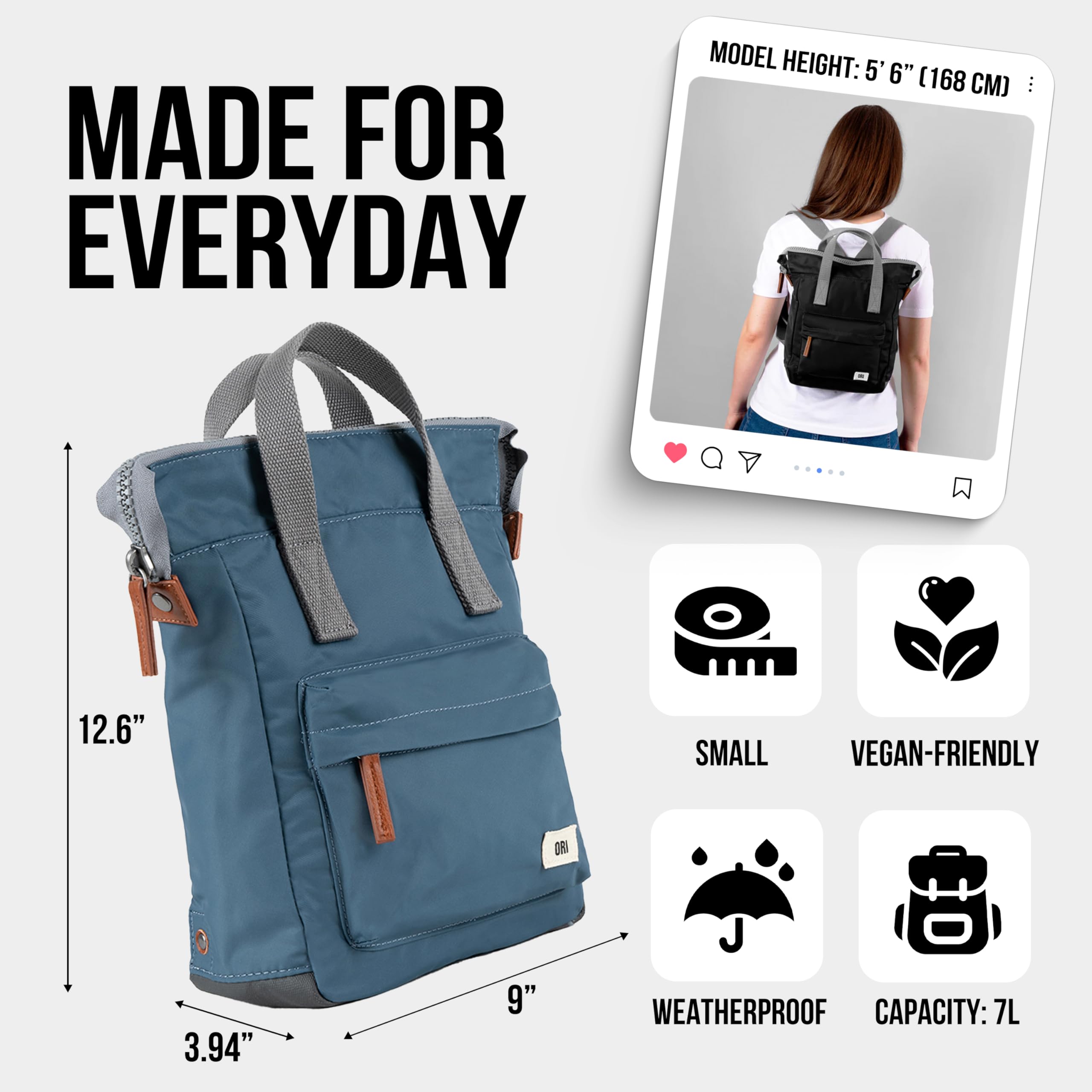 ORI LONDON Nylon Tote Backpack for Women & Men - Small Waterproof Tote Bag Backpack with Wide Mouth Opening, Chunky Zippers, Multiple Pockets & Adjustable Shoulder Straps - The Bantry, Airforce Blue Backpack, 12.6x9x4