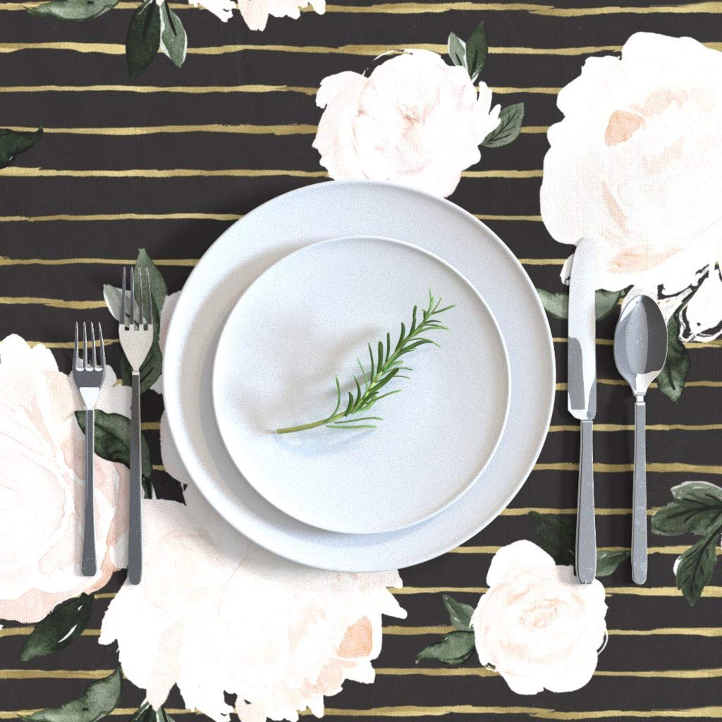 Vintage Blush Floral Gold Stripe Soft Black Print Cotton Sateen Tablecloth 70