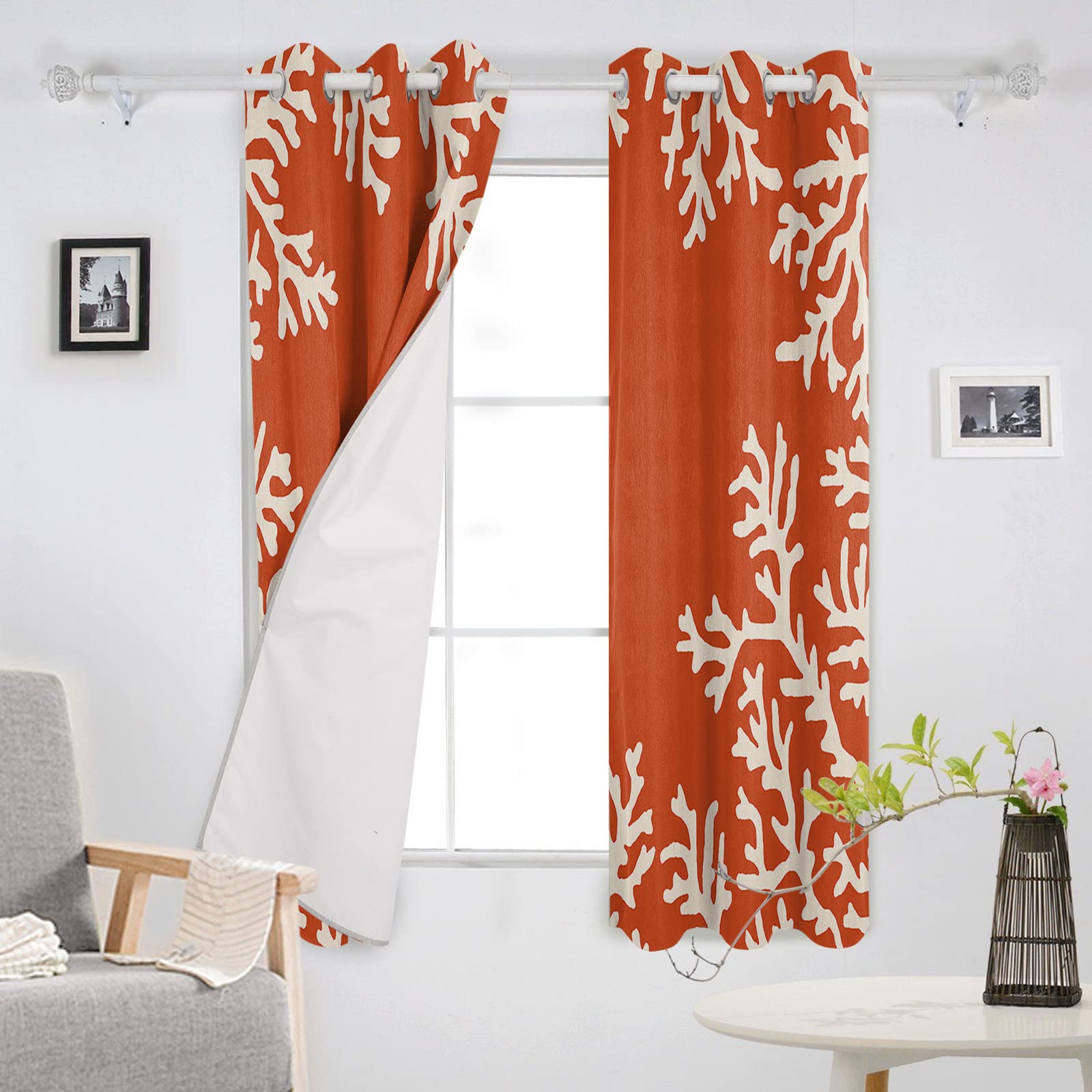 Premium Coral Print Blackout Curtains - Thermal Insulated Room Darkening Window Drapes with White Coral & Orange Design for Living Room & Bedroom (52x96 Inches, 2 Panels) - Perfect for Coastal Decor, Sun Protection & Energy Efficiency