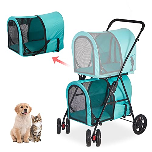 Double Layer Foldable Pet Stroller for Dogs & Cats - 3-in-1 Travel Carrier, Car Seat & Stroller - Lightweight Blue Pet Stroller for Outdoor Walks, Shopping & Vet Visits