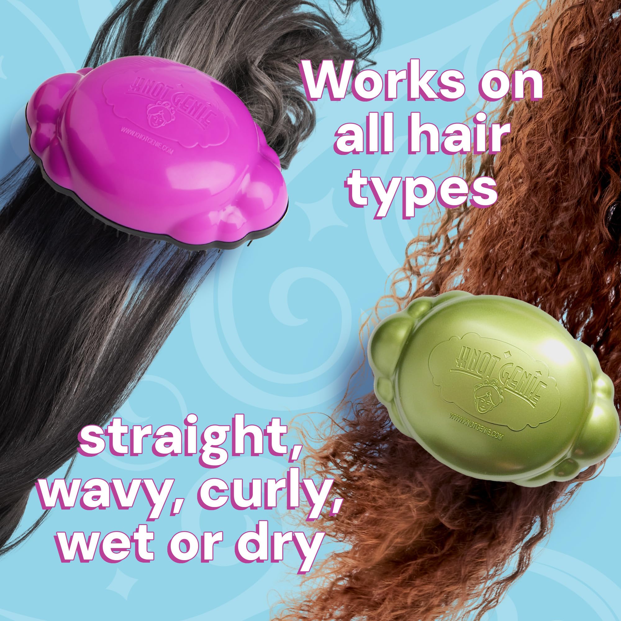 Knot Genie Detangling Hair Brush for Kids - Pain Free Knot Remover for Curly & Tangled Hair | Gentle Tangle Separator Leaves Hair Smooth & Shiny (Puff of Purple) | Perfect for Daily Hair Care, Travel & Sensitive Scalps