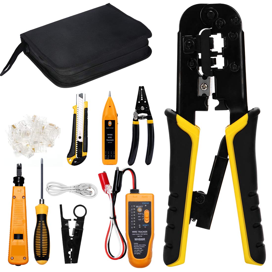 Professional RJ45 Crimping Tool Kit - 10 in 1 Ethernet Cable Crimper for Cat5/Cat5e/Cat6, Rj45/Rj11/Rj12 Connectors with 8P8C Network Tester & Punch Down Tool - Perfect for Home Networking, Office Setup & IT Maintenance