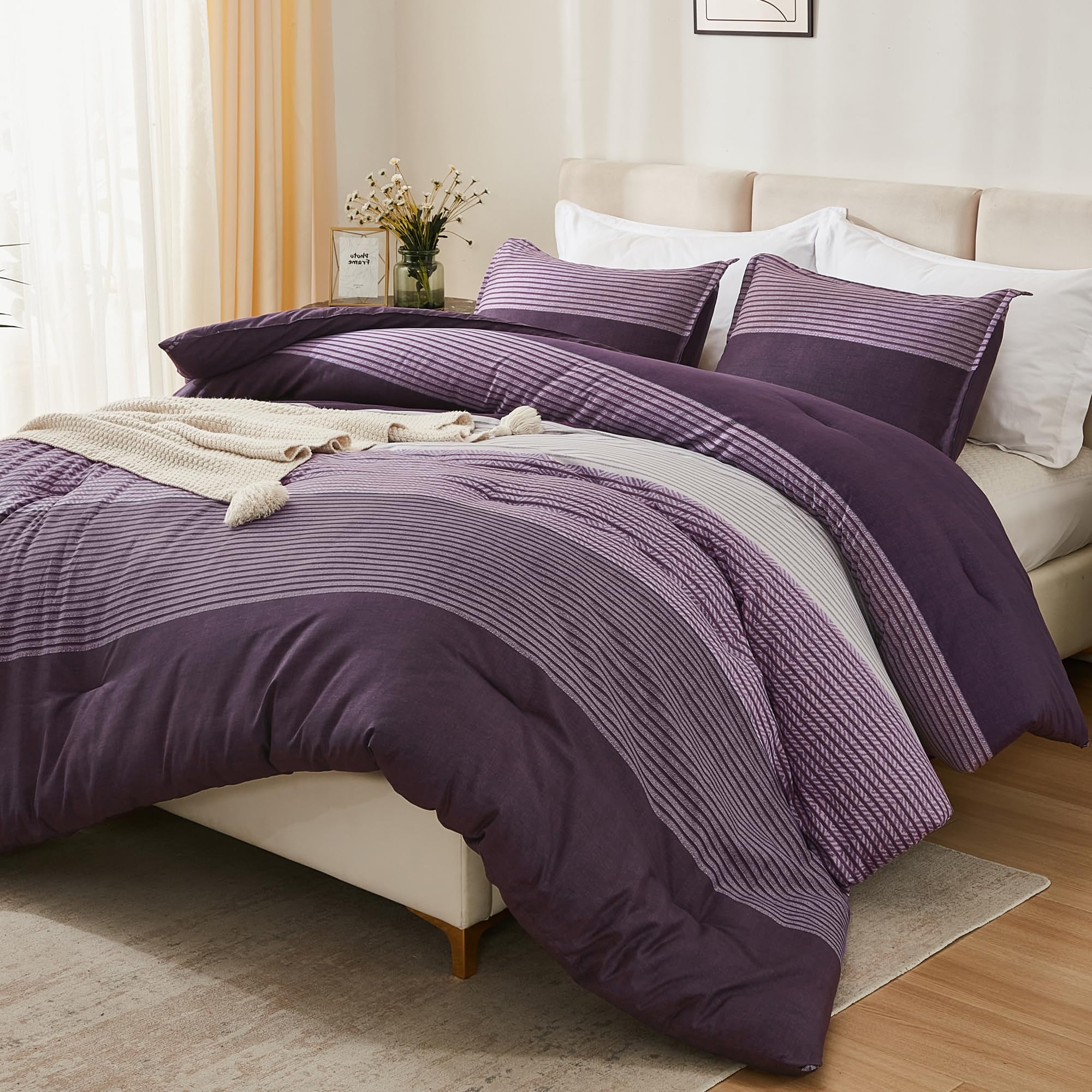 Litanika Purple King Comforter Set - 3 Piece Striped Bedding Set | Lightweight Soft All Season Down Alternative Comforter with Corner Loops (Gray & Purple, King Size) | Perfect for Master Bedroom, Guest Room & Dorm Decor