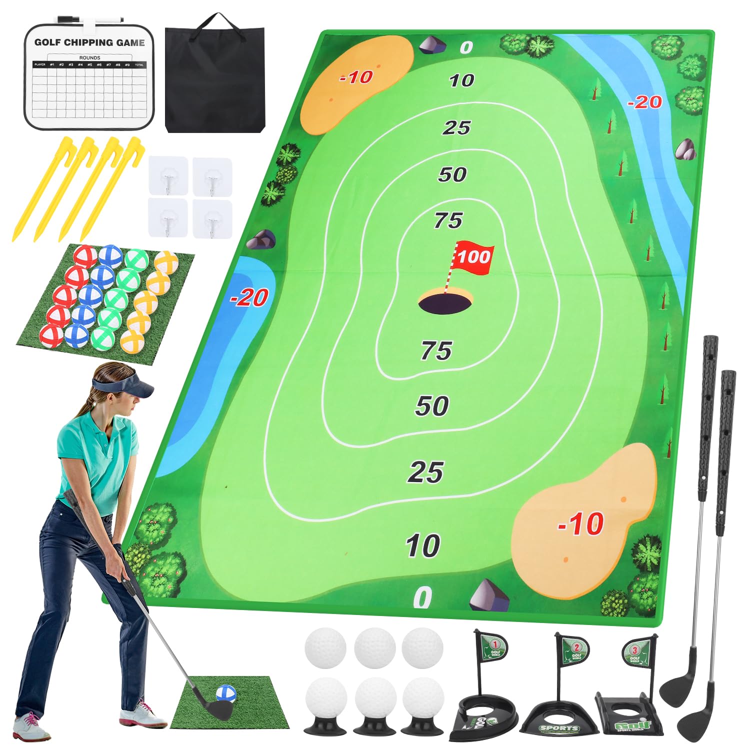 Premium Golf Chipping Mat Set for Indoor & Outdoor Practice - Golf Training Aid Equipment for Adults & Kids - Perfect for Backyard, Driving Range & Home Use