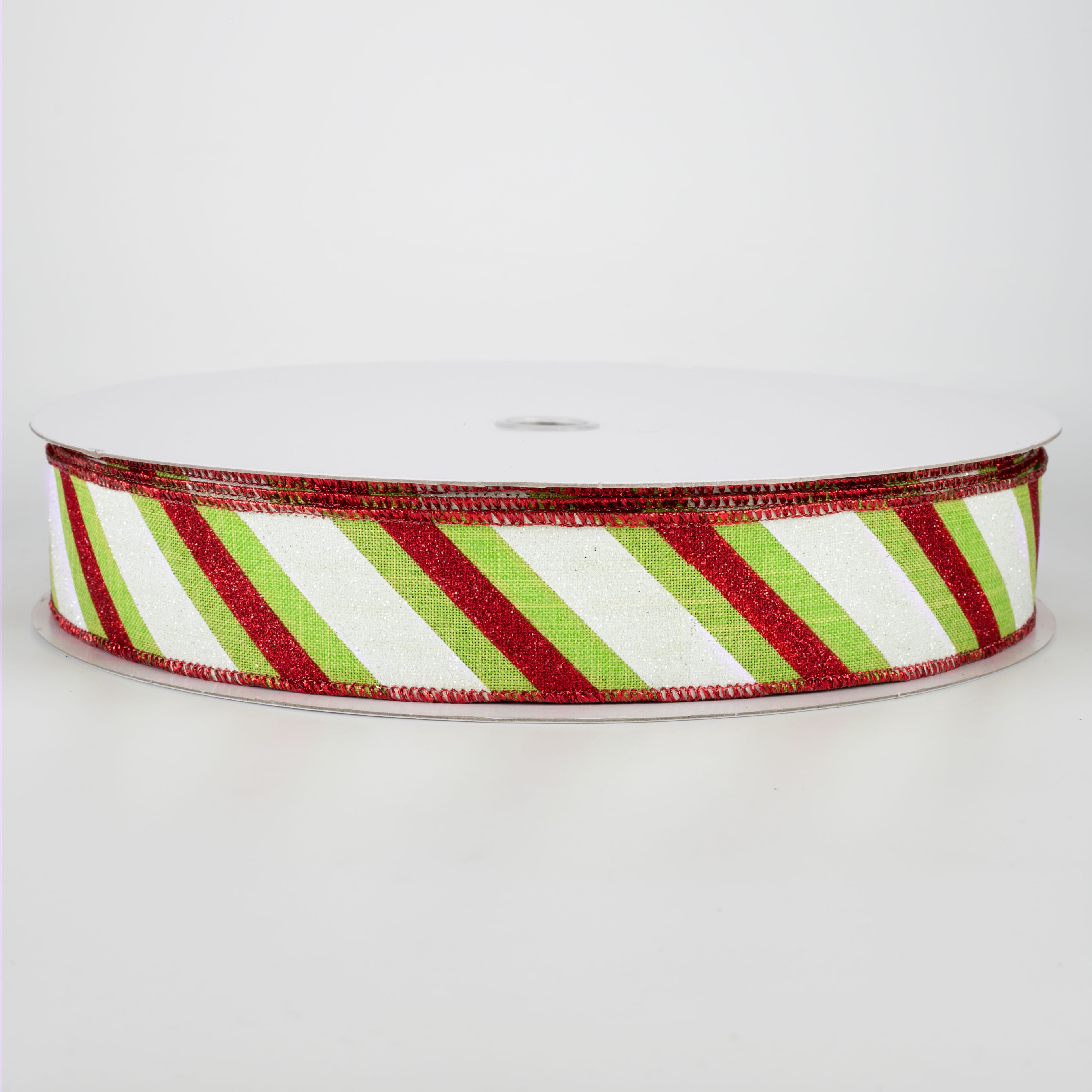 1.5 Inch Diagonal Glitter Stripe Ribbon - Red & Lime Green (50 Yards) for Gift Wrapping, DIY Crafts, Party Decorations, and Scrapbooking