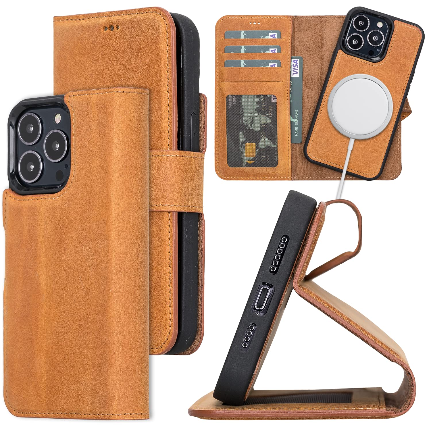 Bayelon Premium Full Grain Leather Wallet Case for iPhone 13 Pro Max - 2-in-1 Magnetic Flip Cover with Card Slots & Kickstand | MagSafe Compatible (Antique Camel) | Perfect for Business, Travel & Everyday Use