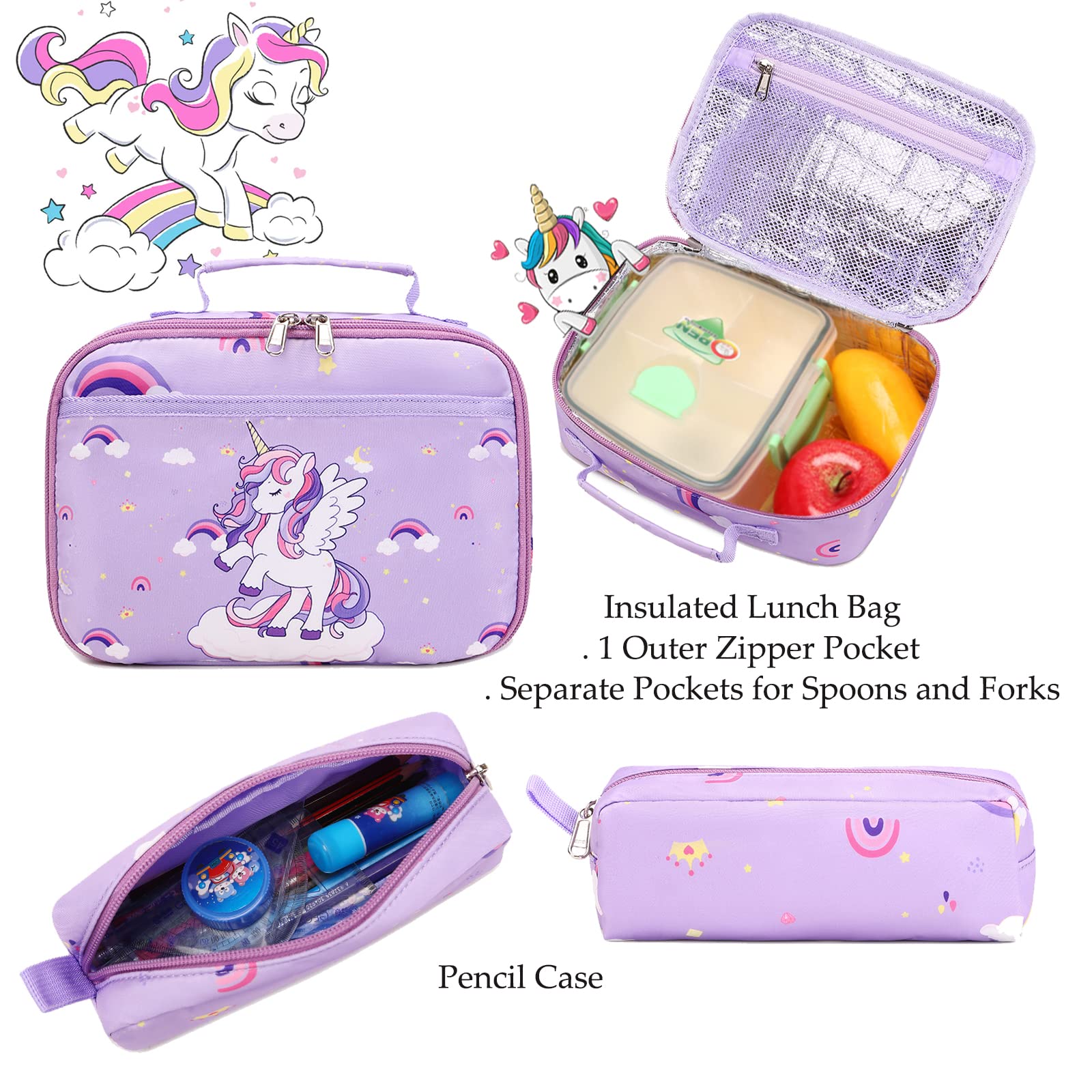 Unicorn Backpack for Girls - 3 in 1 School Bookbag Set with Pencil Case & Lunch Box | Cute Elementary Backpack for Kids | Perfect for School, Travel & Daily Use