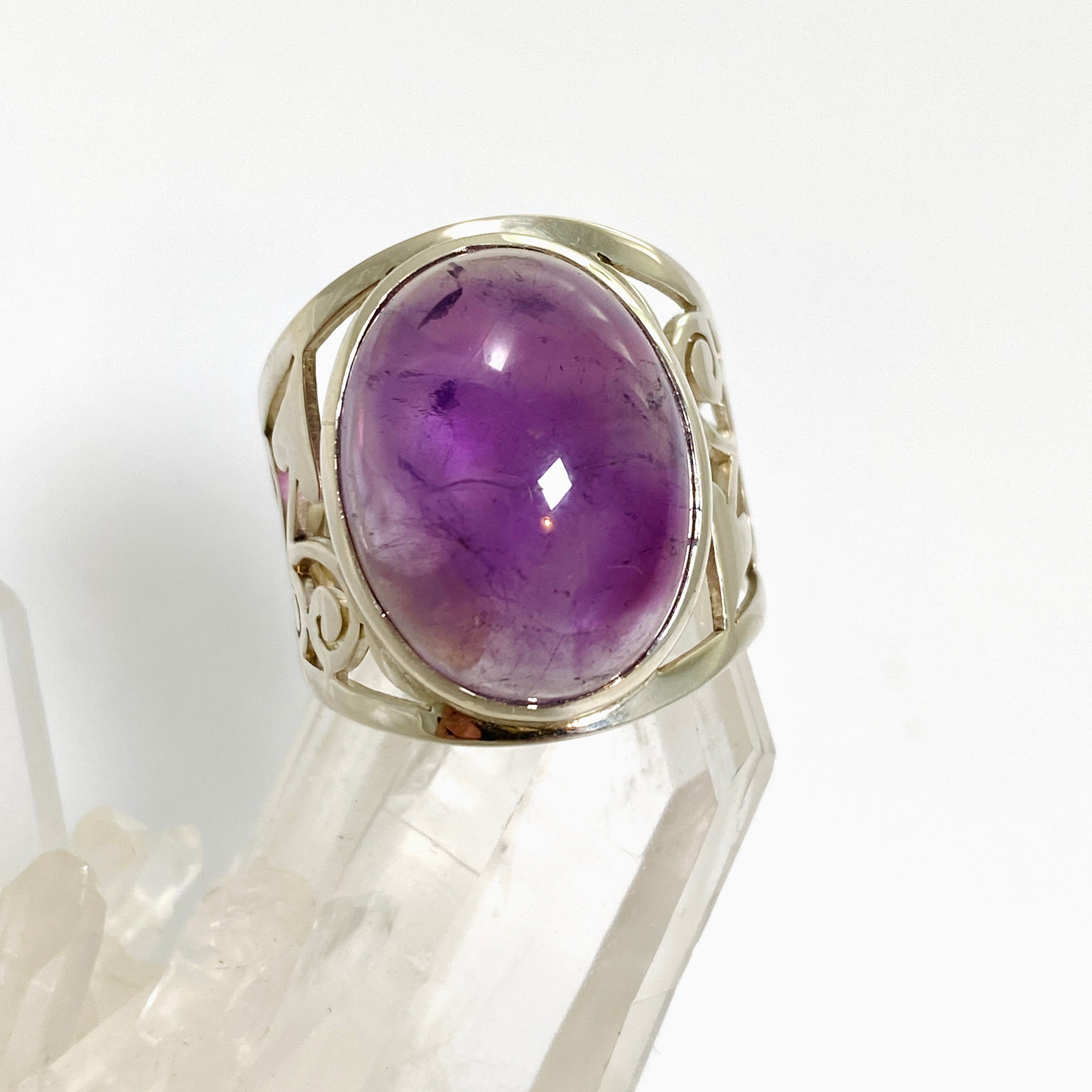 Amethyst Oval Cabochon Ring - Wide Band Filigree Setting in Sterling Silver (PRGJ837) | Elegant Jewelry for Women, Perfect for Weddings, Parties & Special Occasions