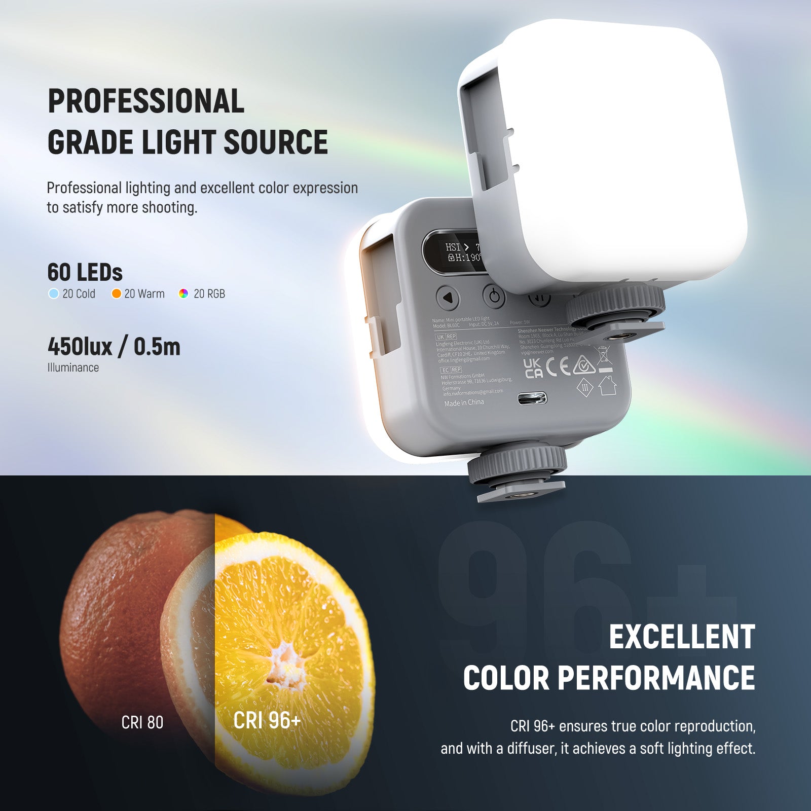 NEEWER BASICS BL60C Magnetic RGB Video Light with 360° Adjustable Stand - Perfect for YouTube, TikTok, Vlogging & Photography Lighting