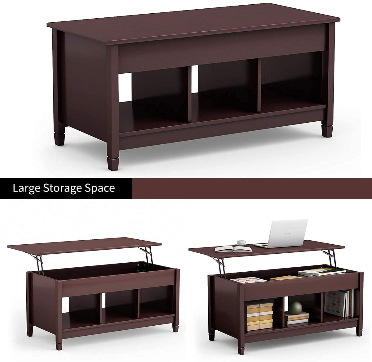Modern Moccha Wood Lift Top Coffee Table with Hidden Storage & Open Shelf - Espresso Finish for Living Room, Office & Reception Areas | Space-Saving Pop-Up Design for Dining, Working & Entertaining