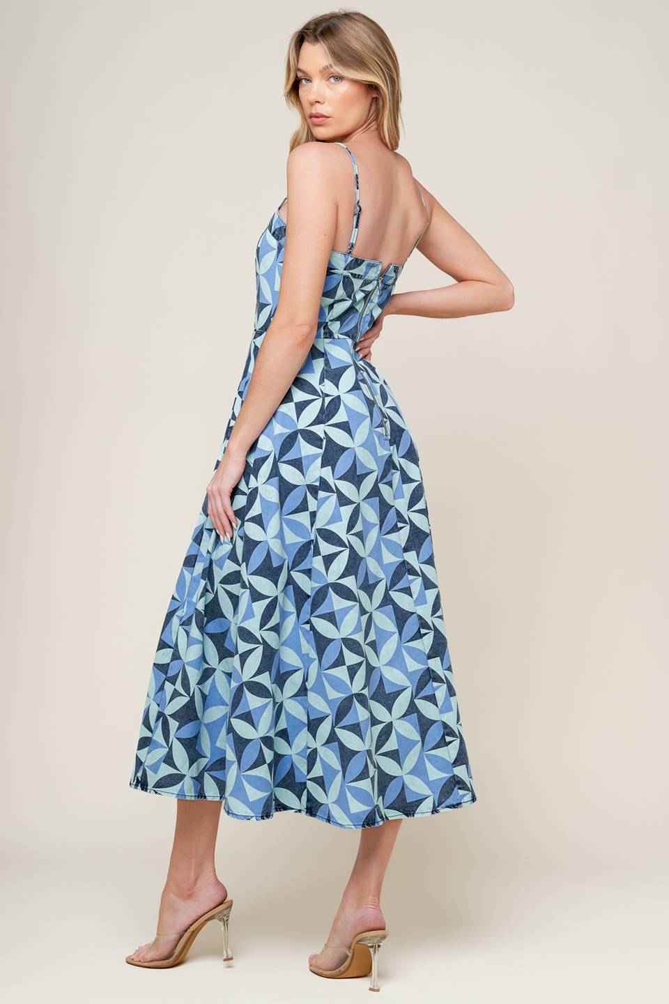GWENNY Geometric Blue Denim Midi Dress - Stylish Casual & Party Wear for Women | Perfect for Office, Date Night & Summer Outings