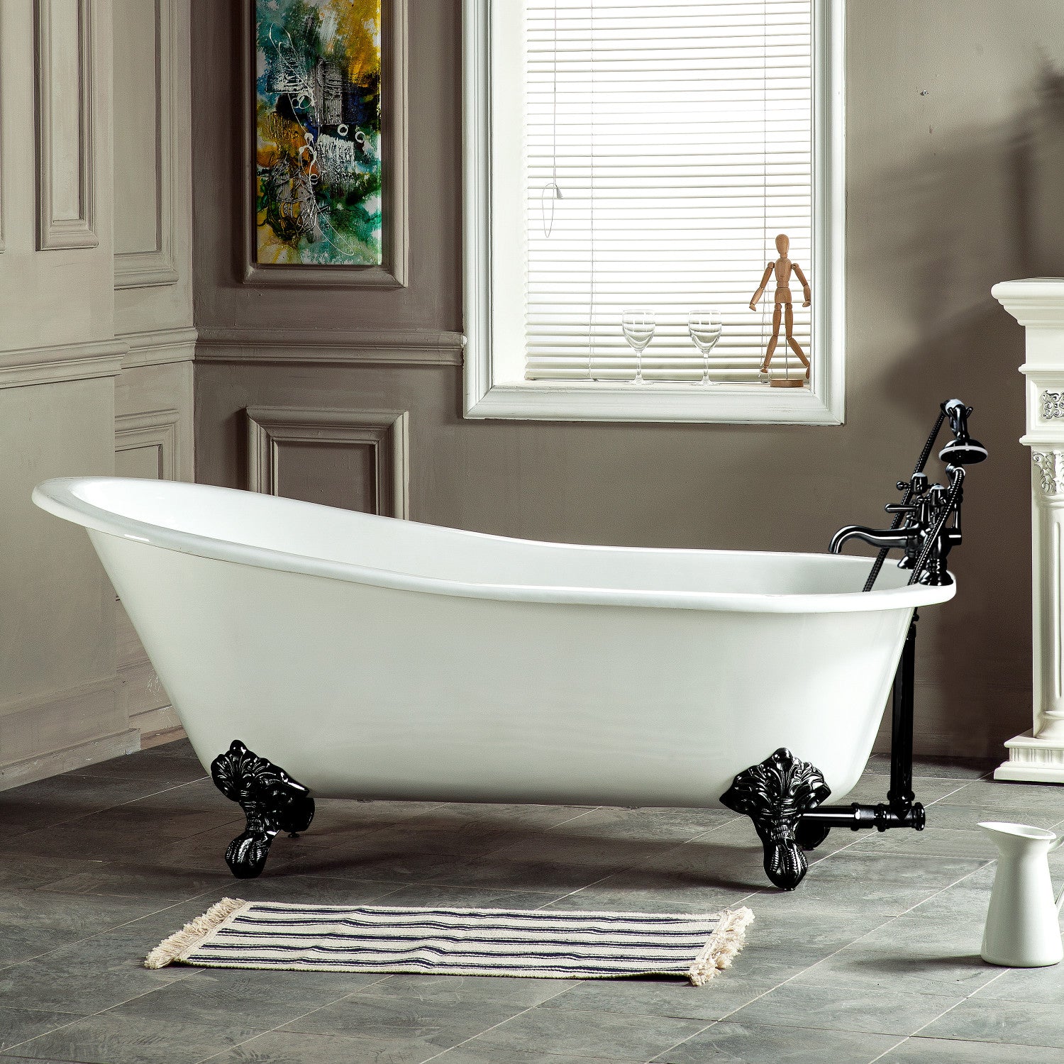 Aqua Eden 67 Inch White Matte Black Cast Iron Oval Single Slipper Clawfoot Bathtub with 7 Inch Faucet Drillings - Vintage Freestanding Soaking Tub for Luxury Bathroom & Spa Retreat