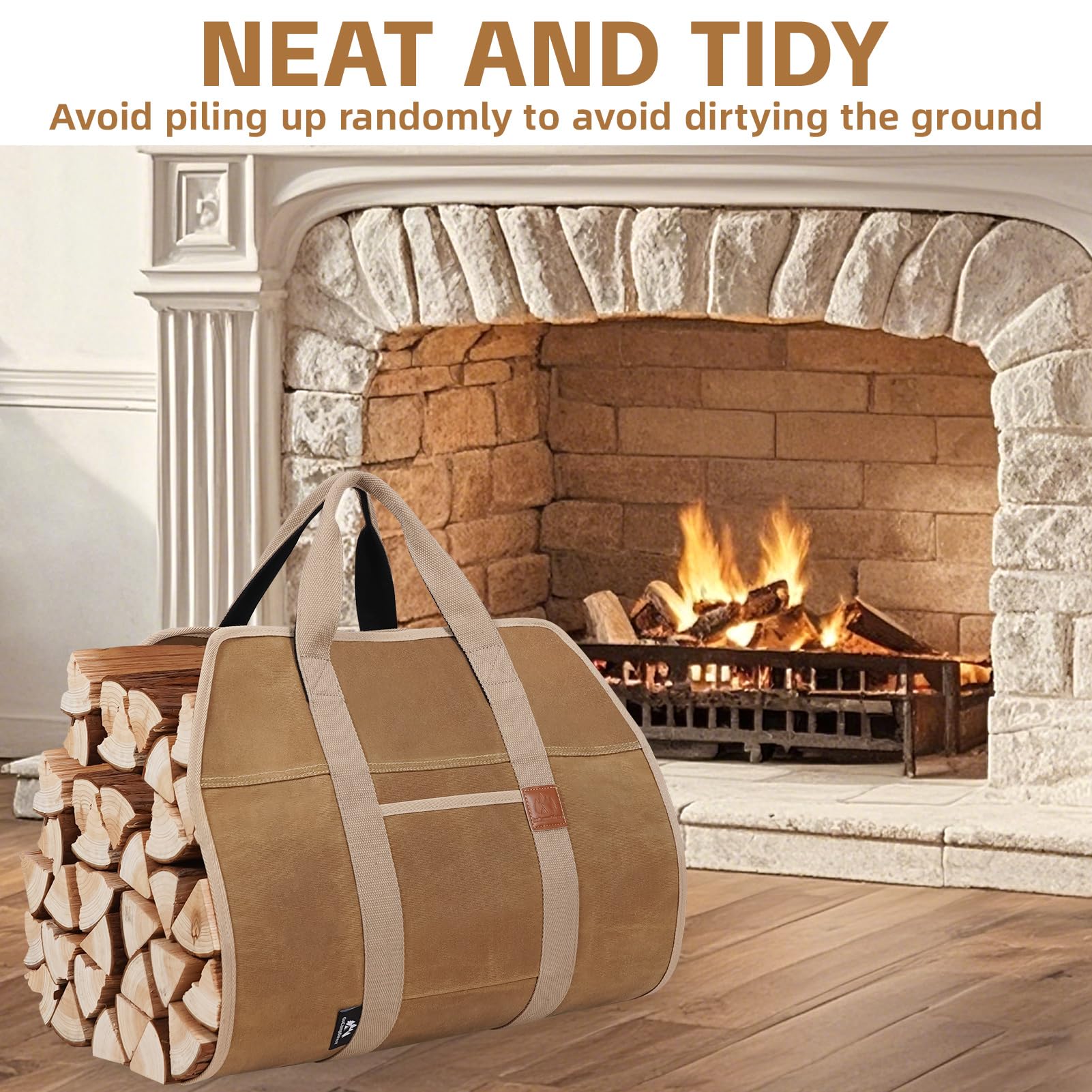 Heavy Duty Firewood Carrier with Handles - 39×18 Inch Waxed Canvas Log Tote Bag | Waterproof Firewood Holder for Camping, Fireplace & Indoor Use | Durable Wood Carrying Bag for Outdoor Adventures (Khaki) - Perfect for Camping Trips, Backyard Bonfires and Cozy Fireplace Nights