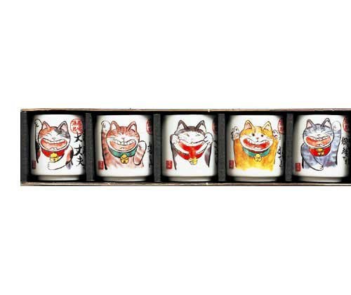 Set of 5 Mini Japanese Sake Cups with Lucky Cat Design - 4.3cm Porcelain Drinking Cups for Sake, Tea, or Cocktails - Perfect for Home Bar, Japanese Dining, and Gift Giving