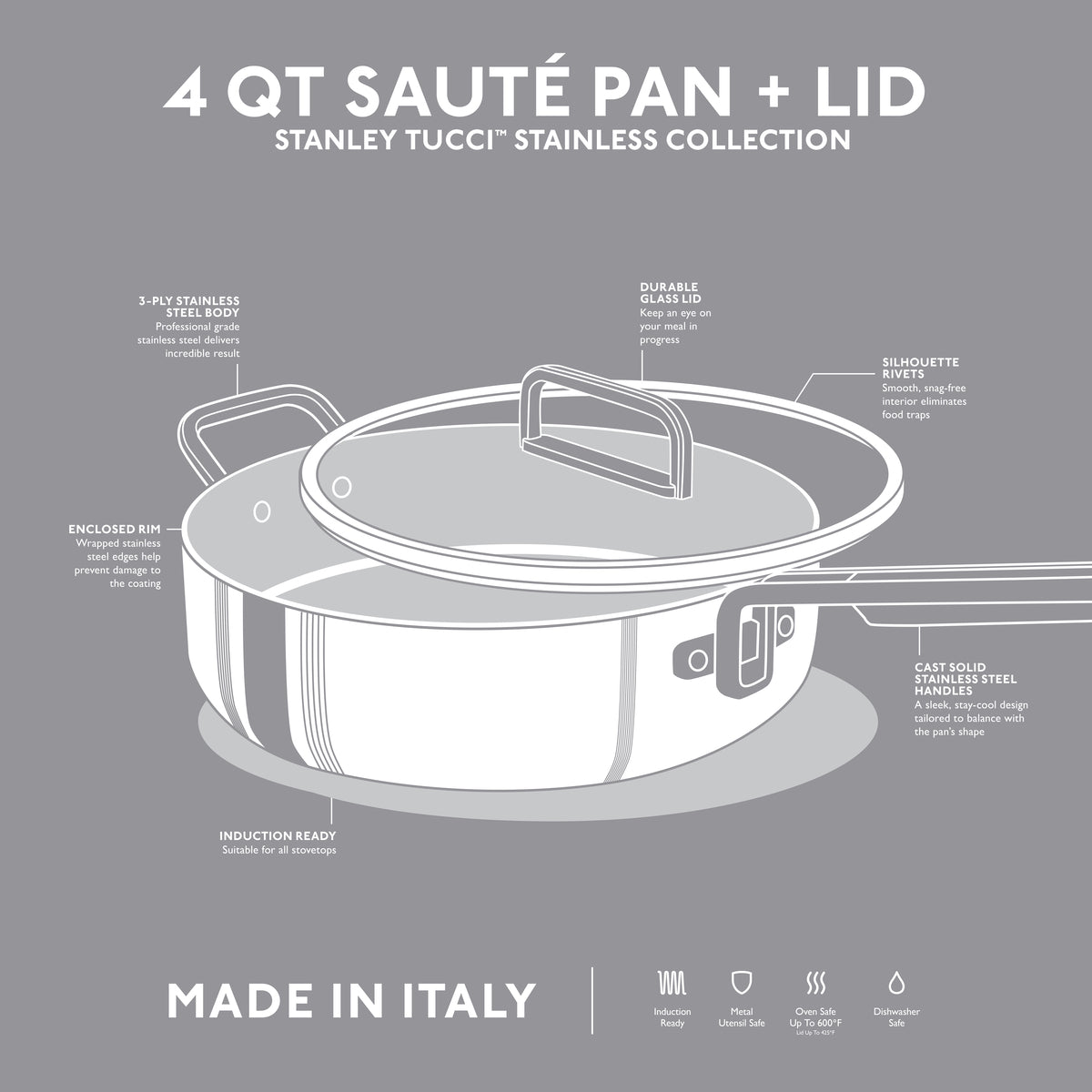 Stanley Tucci™ 4 Quart Stainless Steel Saute Pan with Lid - Perfect for Searing, Stir-Frying & Simmering - Ideal for Home Cooking & Professional Kitchens