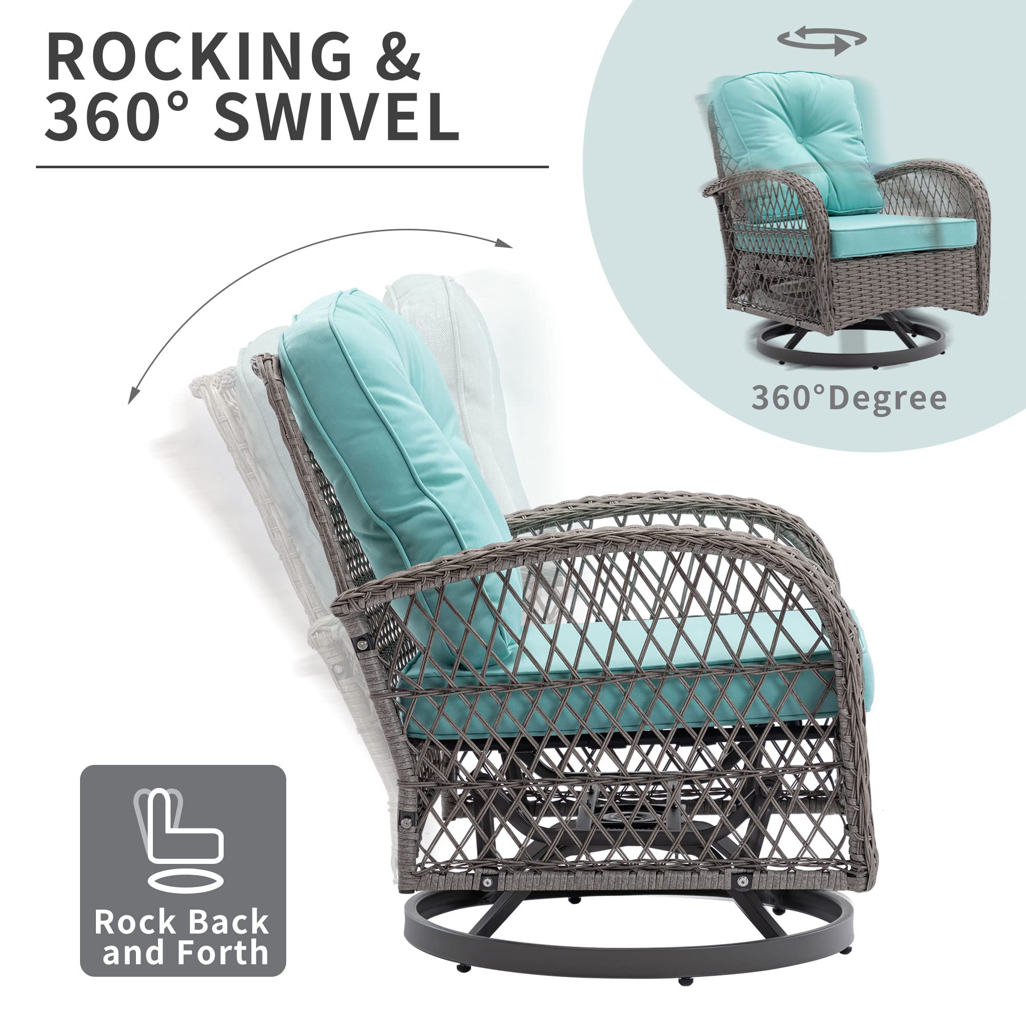 HOMEFUN 3-Piece Outdoor Swivel Rocker Patio Set - 360 Degree Rotating Wicker Bistro Chairs with Cushions & Coffee Table - Perfect for Garden, Balcony, and Backyard Relaxation
