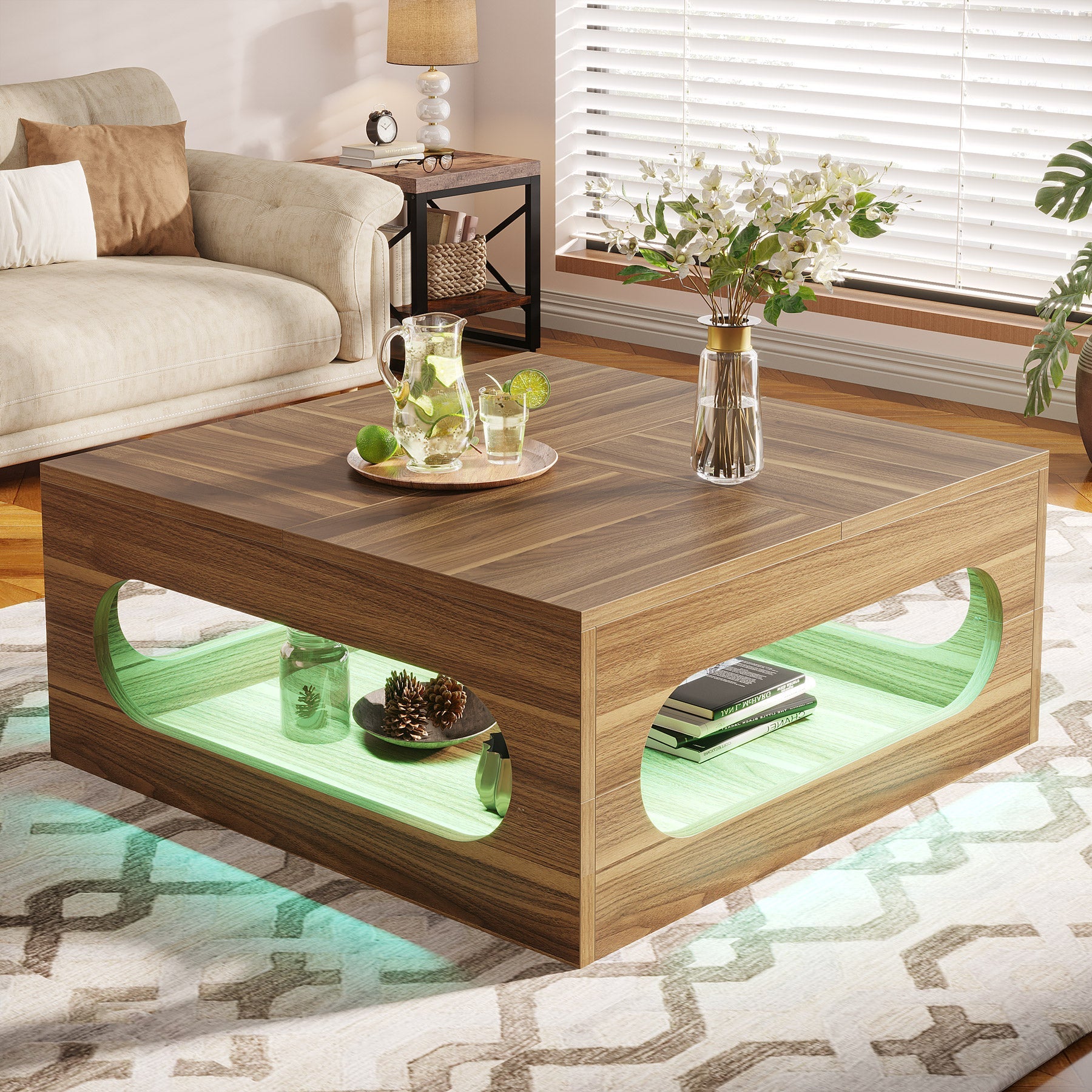 2 Tier Wooden Coffee Table with LED Strip Lights - Modern Square Center Tea Table for Living Room, Bedroom, or Office Decor