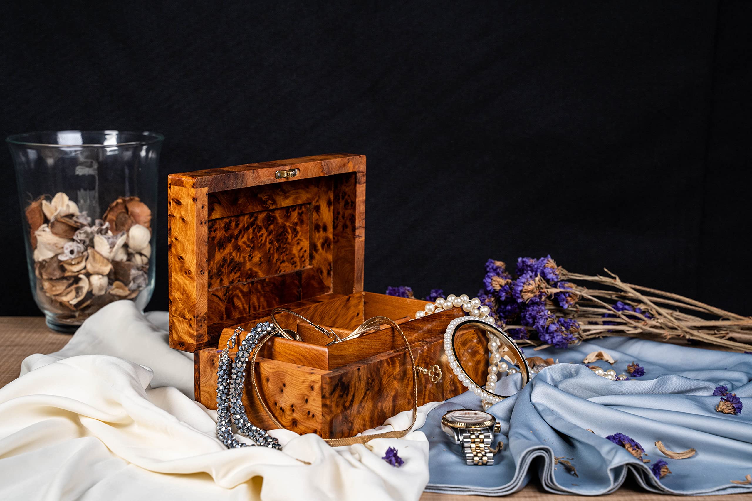 **Hand Carved Wooden Jewelry Box with Lock - Antique Multipurpose Storage Organizer for Keepsakes, Rings & Necklaces - Large Decorative Art Box for Home, Vanity & Gift Giving**