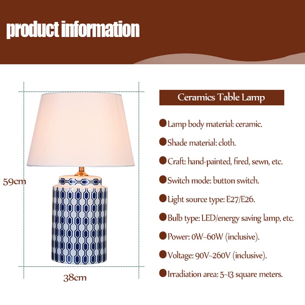 Chinese Style Ceramic Table Lamp - Modern Simple Glazed Bedside Lamp with Matching Shade for Bedroom Decor | Large Hand-Painted Ceramic Lighting for Home, Office & Reading Nook