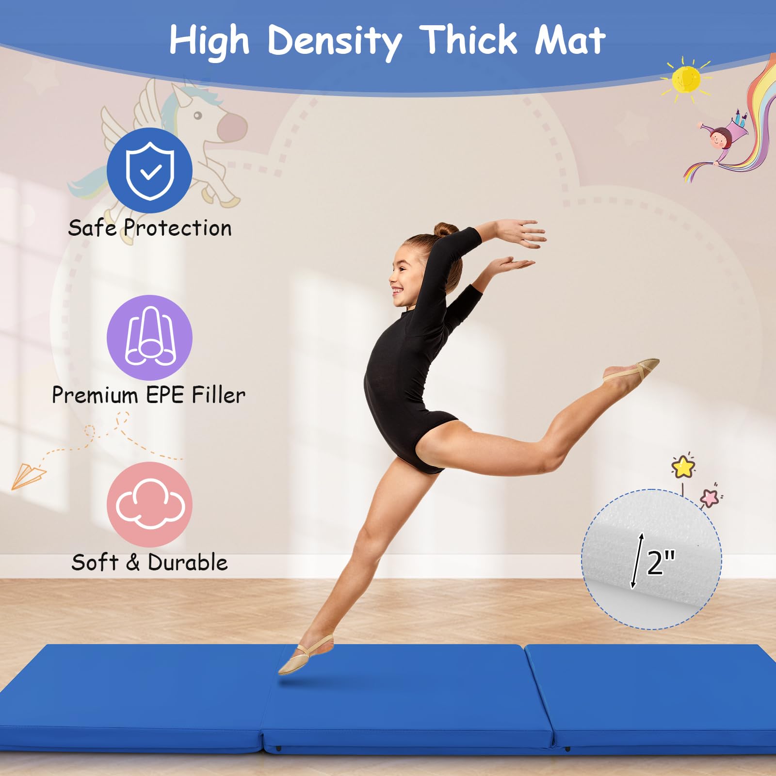 Giantex 6'x 2' Folding Gymnastics Mat - 2 Inch Thick Tumbling Mat with Hook & Loop Fastener & Carrying Handles - Portable Exercise Mat for Home Gym, Cheerleading, Yoga, Kids Play & Adult Fitness Training