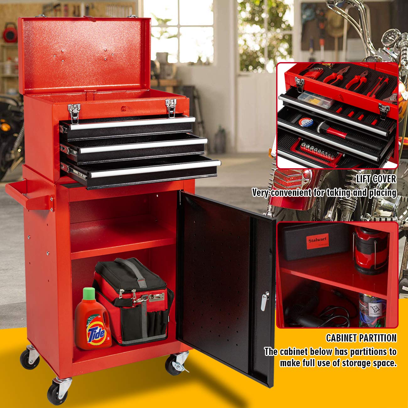 X&T 2-Piece Rolling Tool Chest Set with 4 Wheels & Lockable Drawers - Portable Metal Tool Storage Cabinet for Garage, Workshop & DIY Projects (Black & Red) - Perfect for Mechanics, Carpenters & Home Improvement