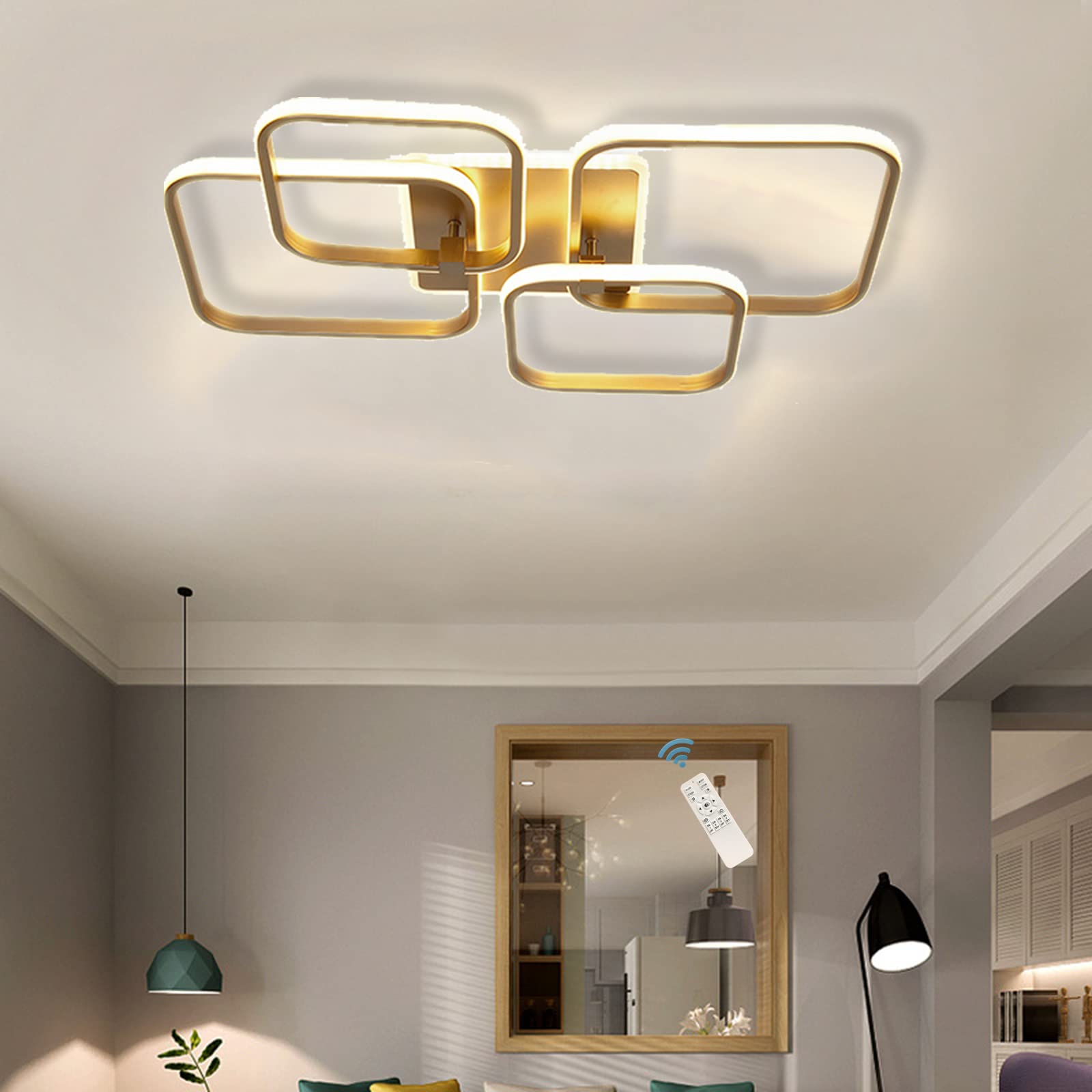 Becailyer 60W Dimmable LED Ceiling Light - Modern Gold Square Chandelier with Remote Control, Acrylic Shade for Living Room Bedroom Dining Room - Perfect for Home Decor & Ambient Lighting