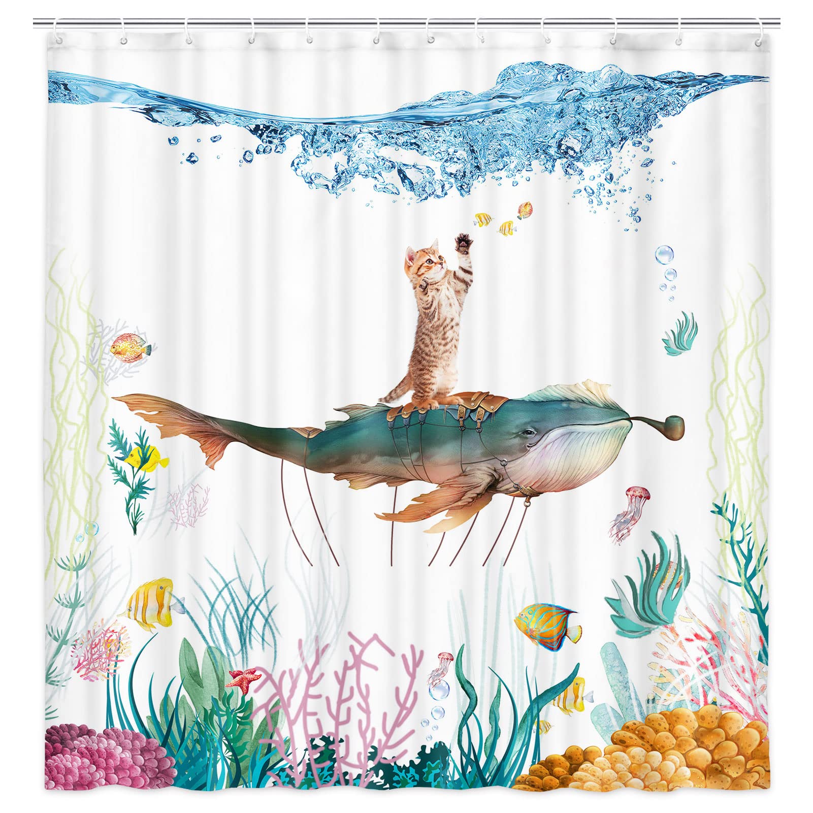 Funny Cat Shower Curtain for Kids & Girls - Cute Cats Riding Blue Whale Diving Design, Adorable Baby Bathroom Decor with Farmhouse Tropical Fish Coral Turtle Underwater Theme - Perfect for Kids' Bathrooms, Beach House Decor & Ocean-Themed Nursery