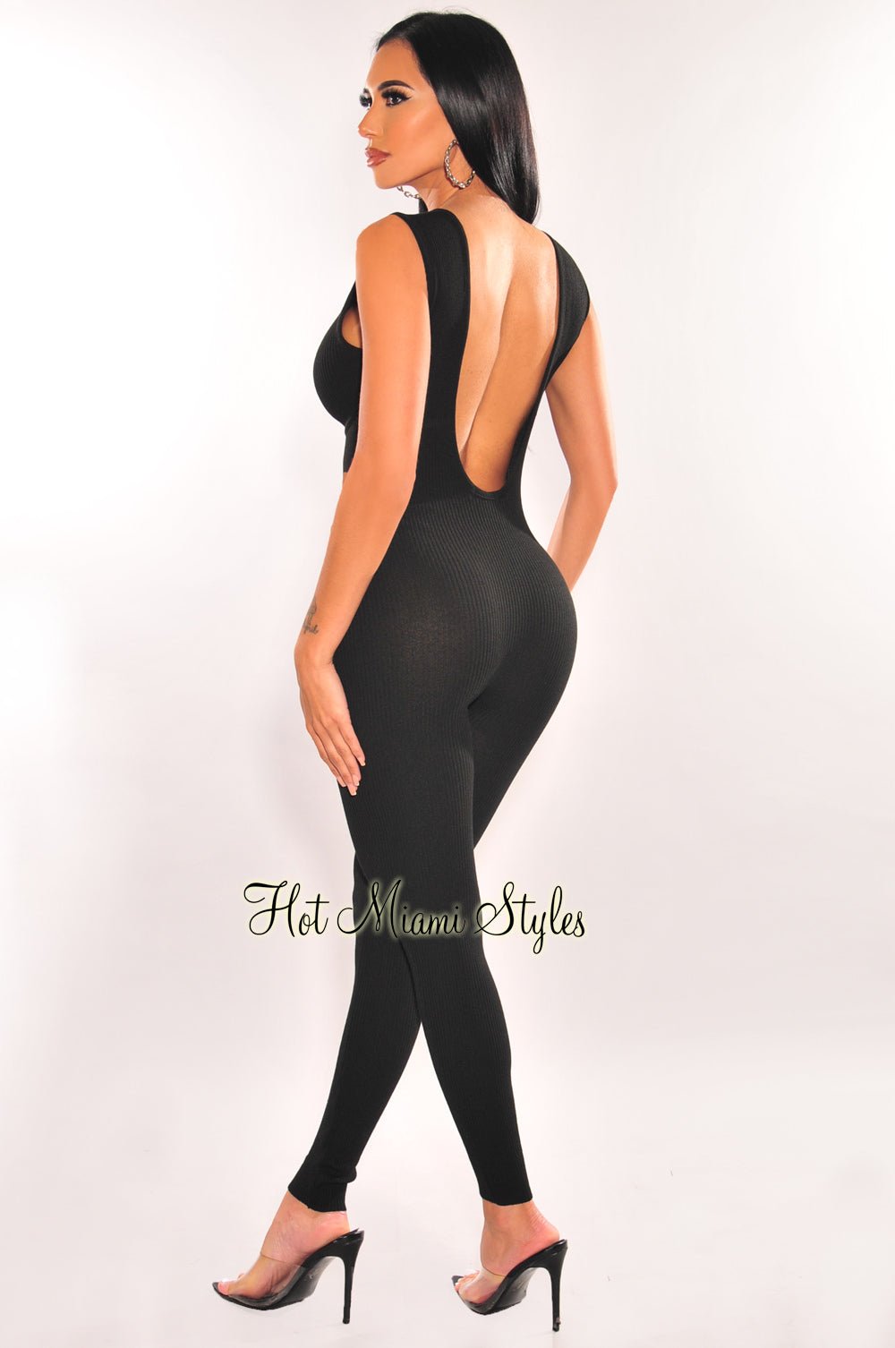 Black Ribbed Knit Sleeveless Zipper Jumpsuit for Women - Stylish Casual Romper with Front Zipper - Perfect for Summer Outfits, Beachwear, and Night Out