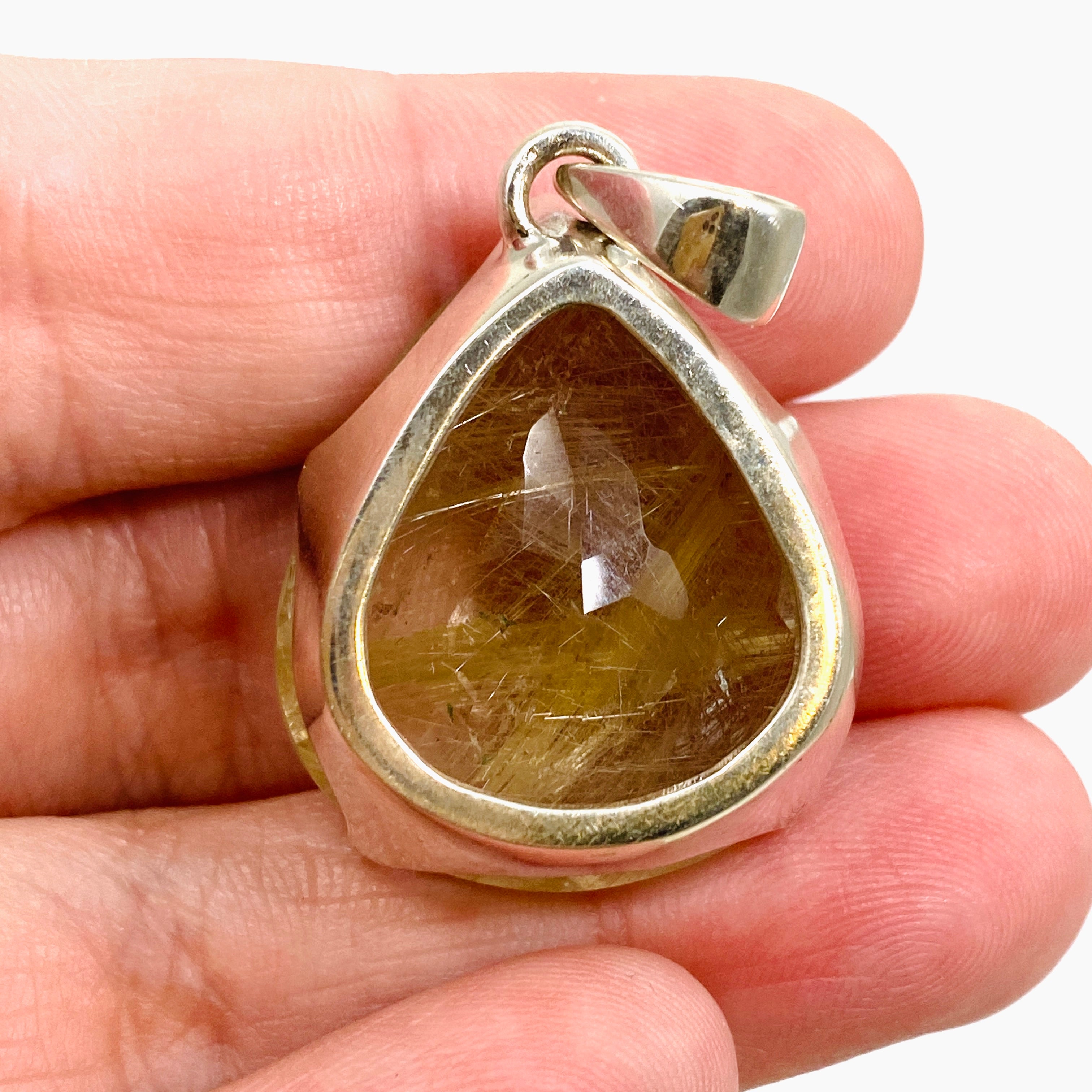 Golden Rutile Quartz Teardrop Faceted Pendant Necklace - Checkerboard Cut Gemstone Jewelry for Women - Perfect for Elegant Evening Wear & Boho Fashion