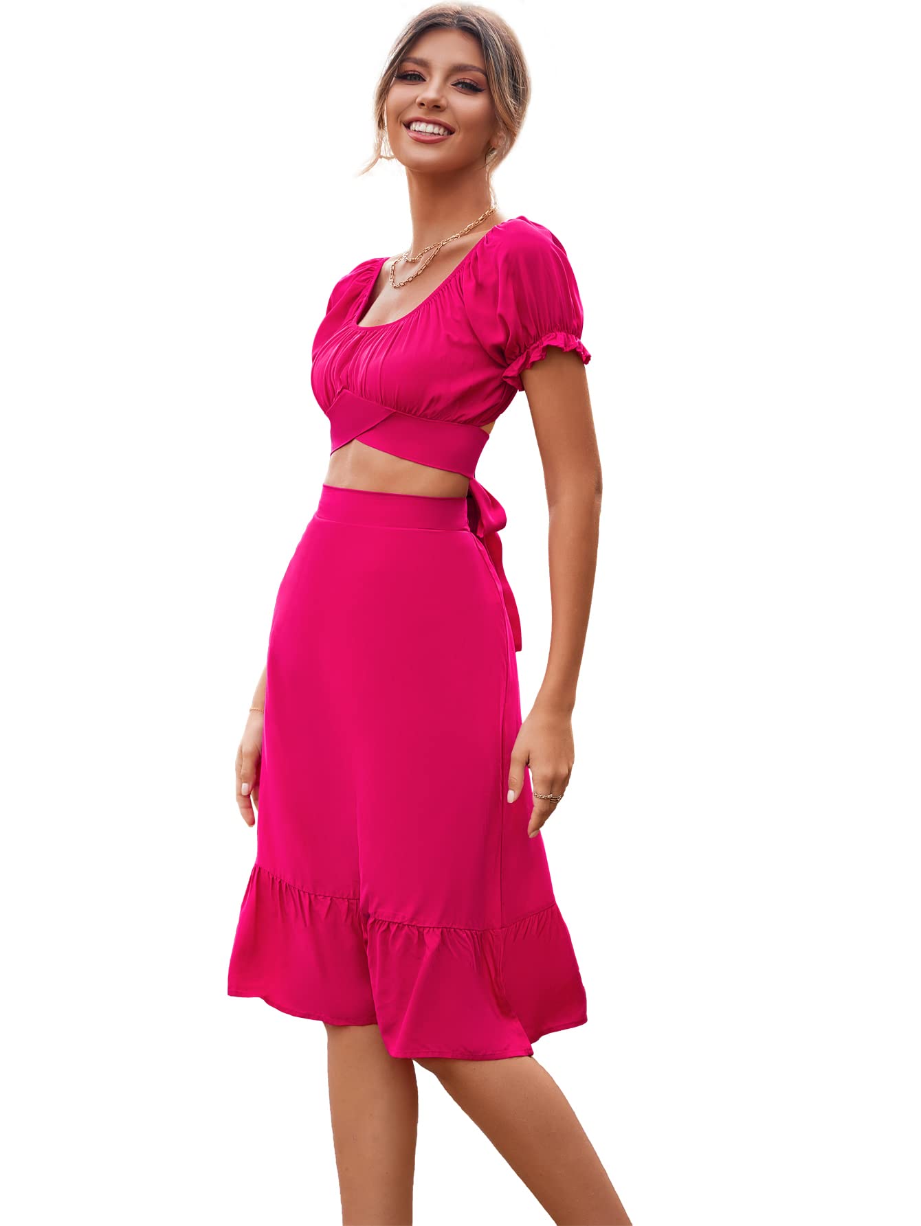 LYANER Women's 2 Piece Floral Print Summer Outfit - Self Tie Knot Crop Top & High Waist Midi Skirt Set | Casual Beach Wear, Vacation Outfit, Boho Chic Fashion