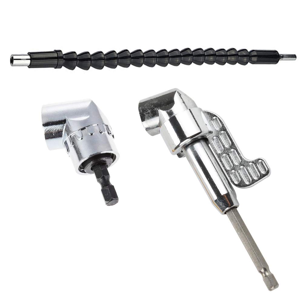 2Pcs 105 Degree 1/4 Inch Right Angle Drill Adapter Hex Shank Angled Bit Holder Power Drill Tool (1Pc Short & 1Pc Long) + 1Pc Flexible Angle Extension Bit Kit for Screwdriver & Drill - Perfect for Tight Spaces, DIY Projects, and Professional Construction Work