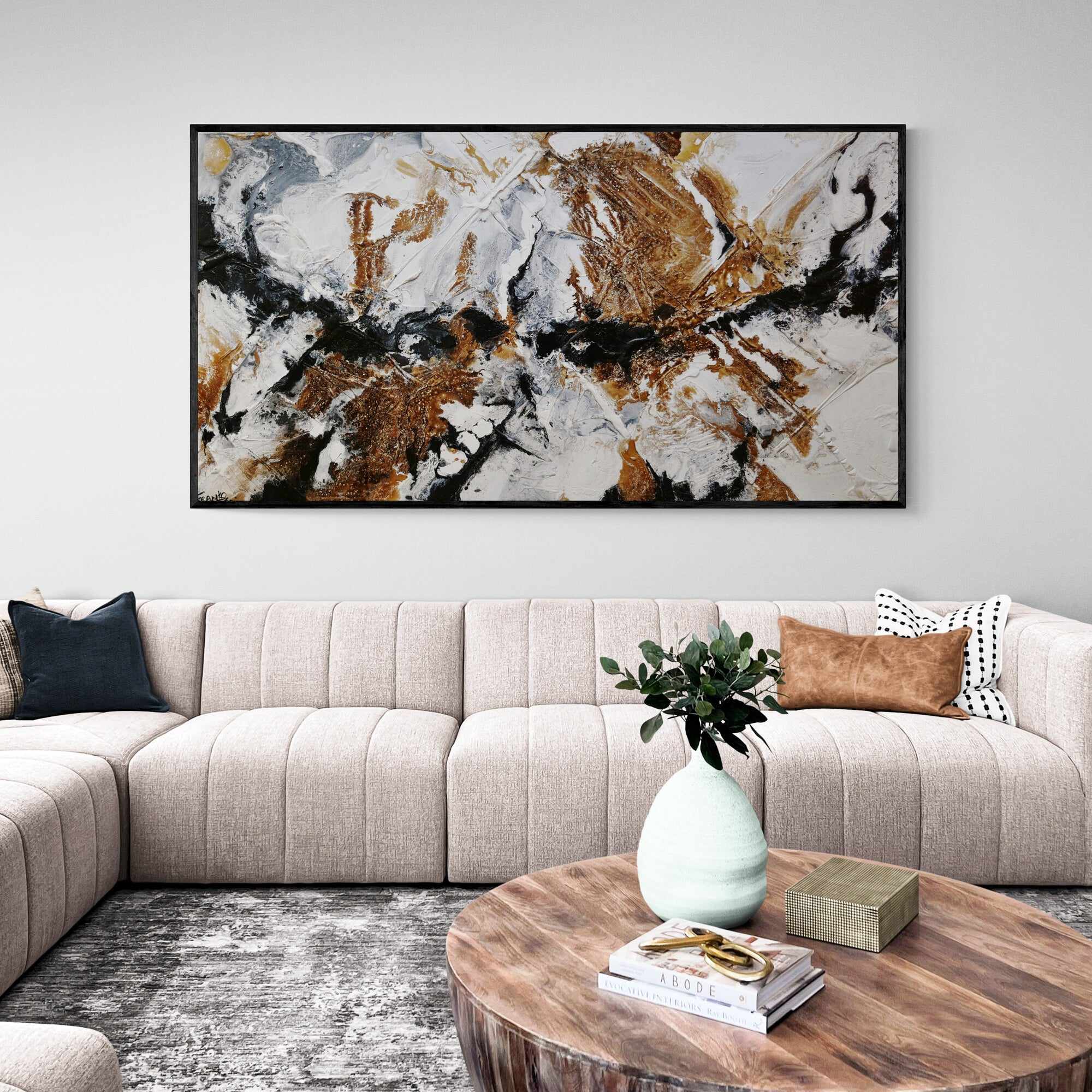 Rusted Black Ice Abstract Painting - 190cm x 100cm White & Black Textured Wall Art for Modern Home Decor | Living Room, Bedroom, Office Wall Decor