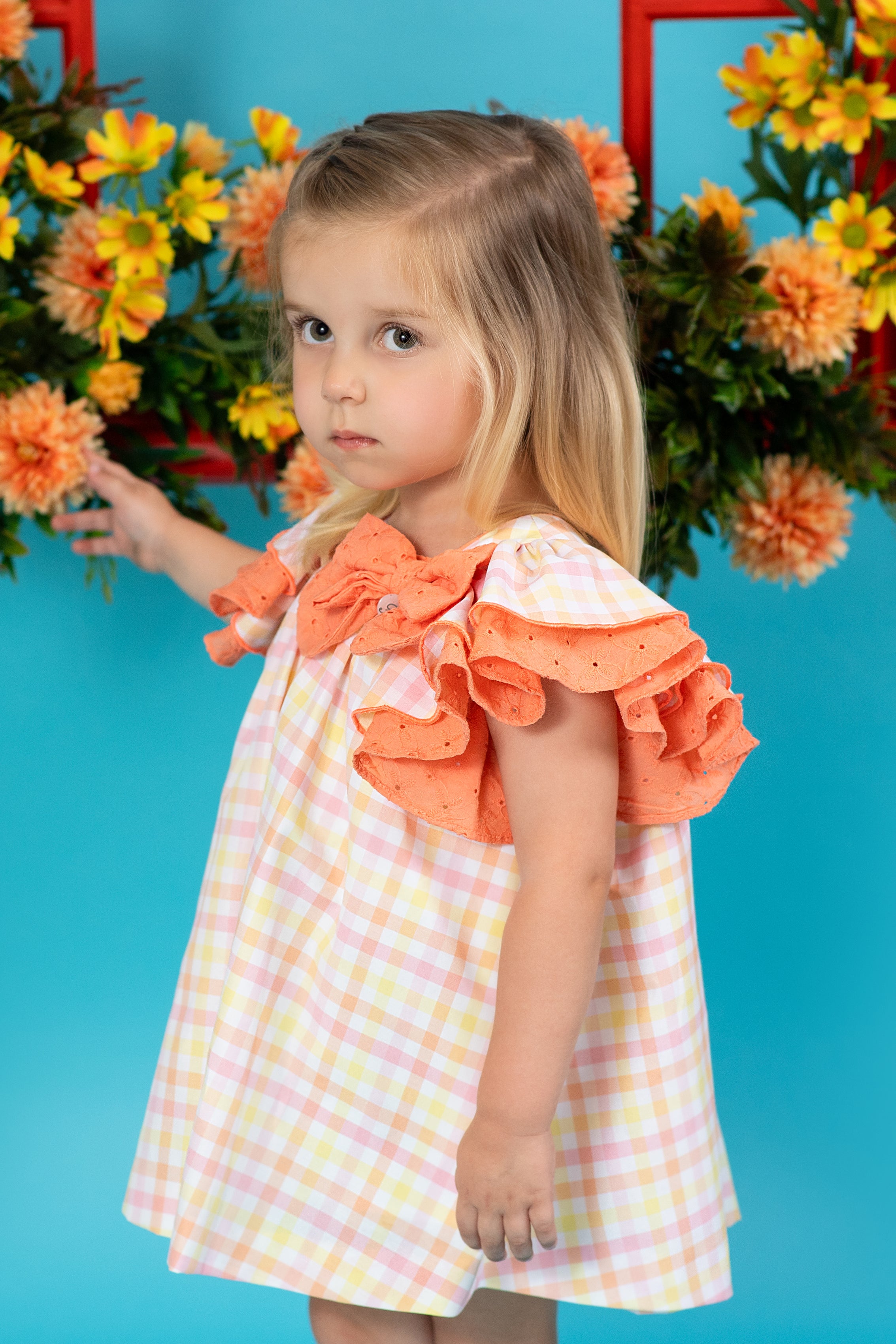 Stylish Soleil Orange, Pink & Lemon Gingham Dress for Women - Summer Floral Print Sundress for Beach, Picnic & Outdoor Activities