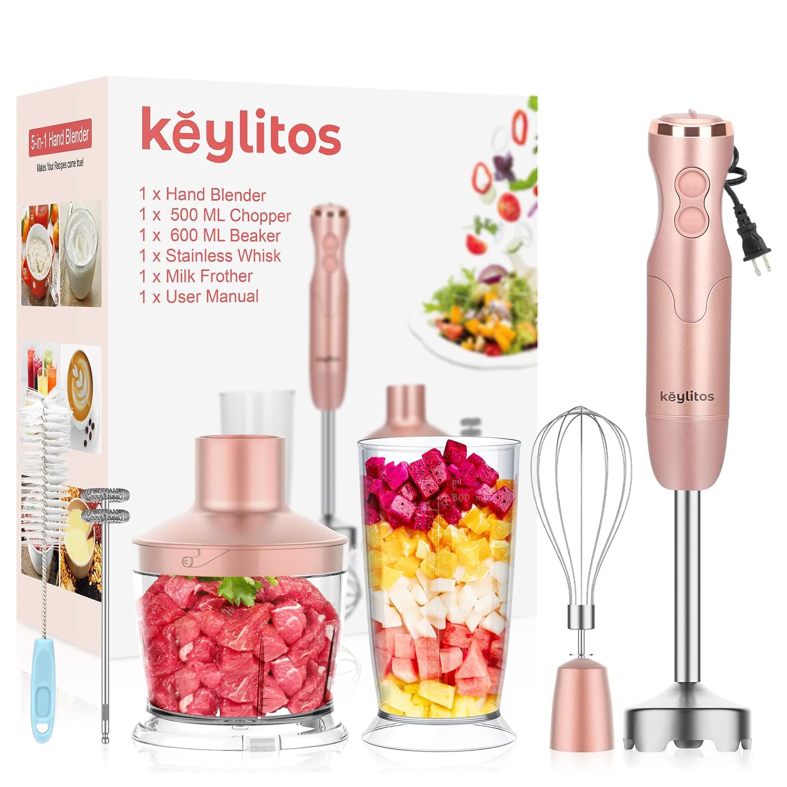 Keylitos 5-in-1 Immersion Hand Blender - 12-Speed Powerful Stick Blender with 304 Stainless Steel Blades, Chopper, Beaker, Milk Frother & Egg Whisk (Golden Pink) - Perfect for Smoothies, Soups, Baby Food & Baking