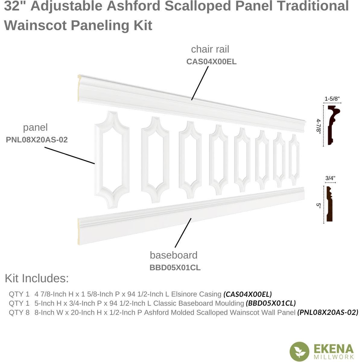 Ashford Traditional Wainscot Paneling Kit - 94.5 Inch Long Premium Wood Wall Paneling for Home & Office Decor | Easy DIY Installation for Living Room, Dining Room & Bedroom