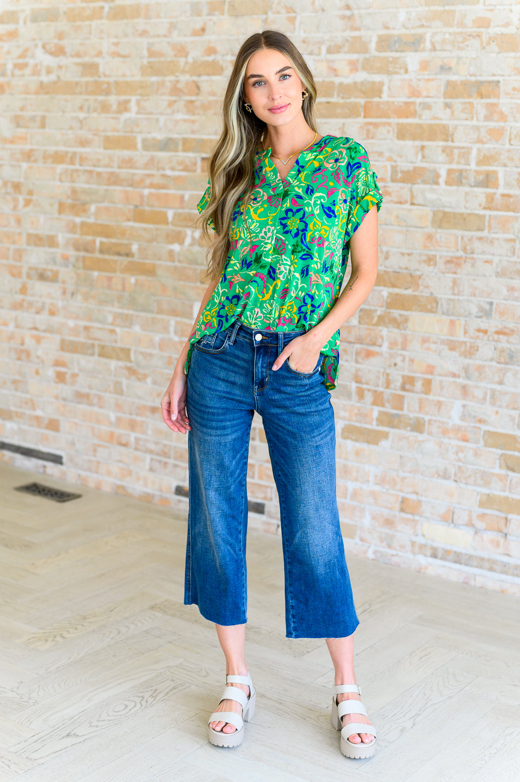 Lizzy Cap Sleeve Floral Blouse - Green & Royal Blue Watercolor Print Women's Tops | Casual Wear, Office Outfits & Summer Fashion