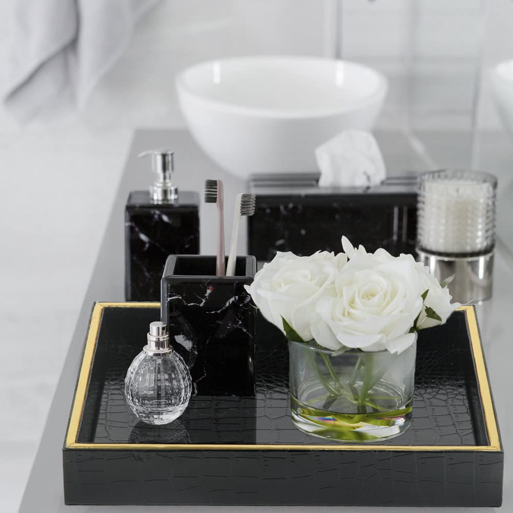 Premium Faux Leather Vanity Tray - Elegant Desktop & Dresser Organizer for Jewelry, Perfume, Keys | Decorative Catchall Tray for Bathroom, Nightstand, Office & Home Decor (Black Crocodile Pattern)