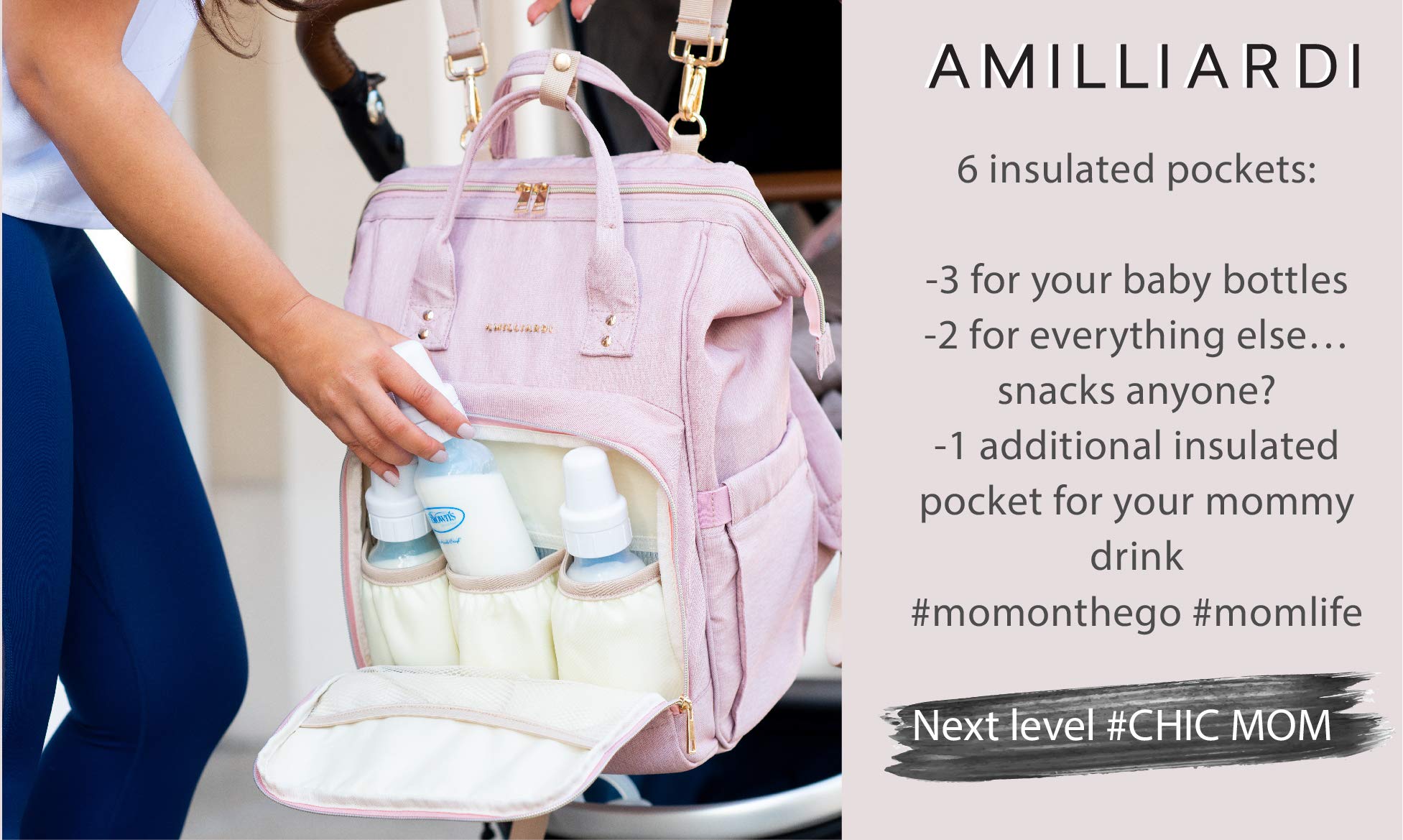 Diaper Bag Backpack with 6 Insulated Bottle Pockets & Detachable Stroller Straps - Light Pink Baby Carrier for Travel, Shopping & Outdoor Activities