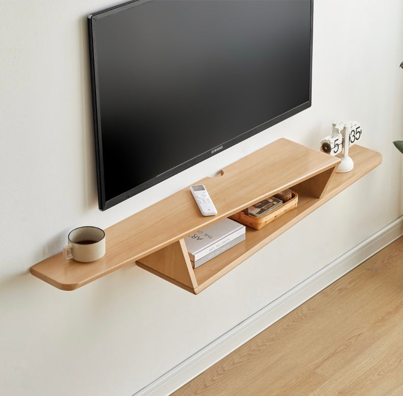 Solid Oak Wood Floating TV Stand - Narrow Wall Mounted Entertainment Center for Living Room & Bedroom - Modern Rustic TV Cabinet with Shelf Storage