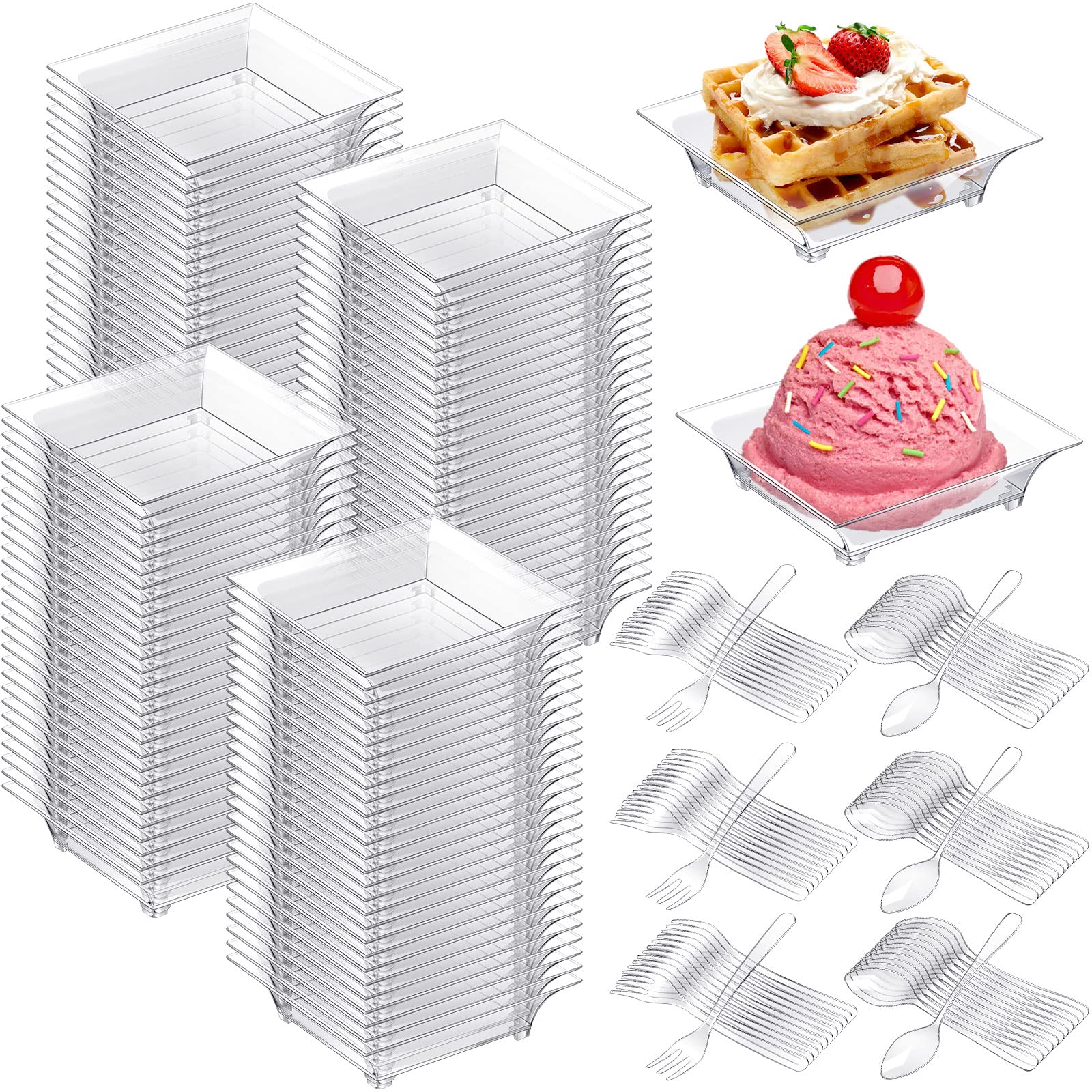 Meanplan 300 Pack Mini Appetizer Plates - Disposable Clear Plastic Dessert Plates with 150 Forks & 150 Spoons - Perfect for Wedding, Party, Baby Shower & Catering Events
