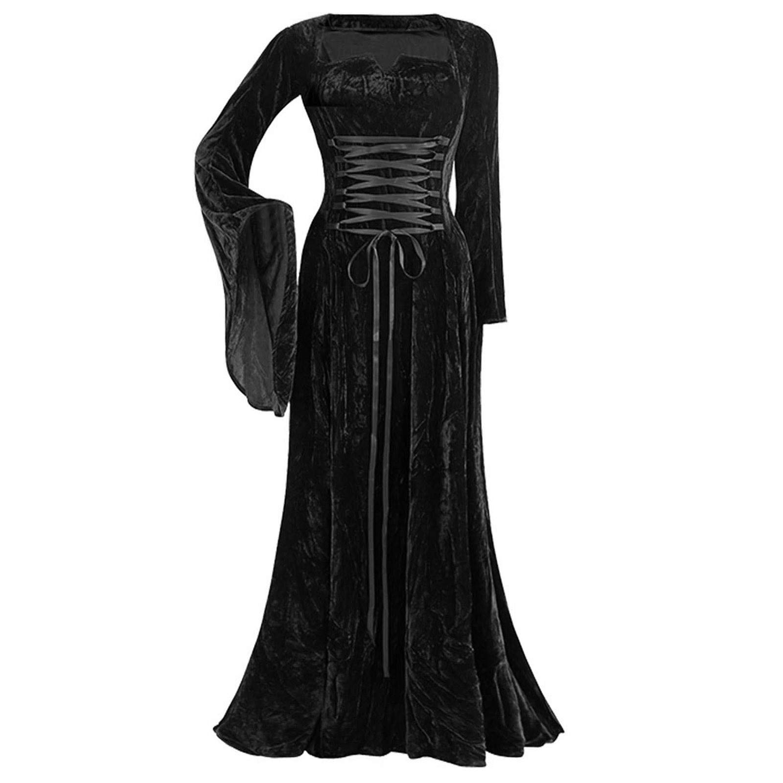 Gothic Victorian Halloween Dress for Women - Elegant Long Flare Sleeve Vintage Floor Length Dress | Perfect for Costume Parties, Haunted Events & Gothic Fashion