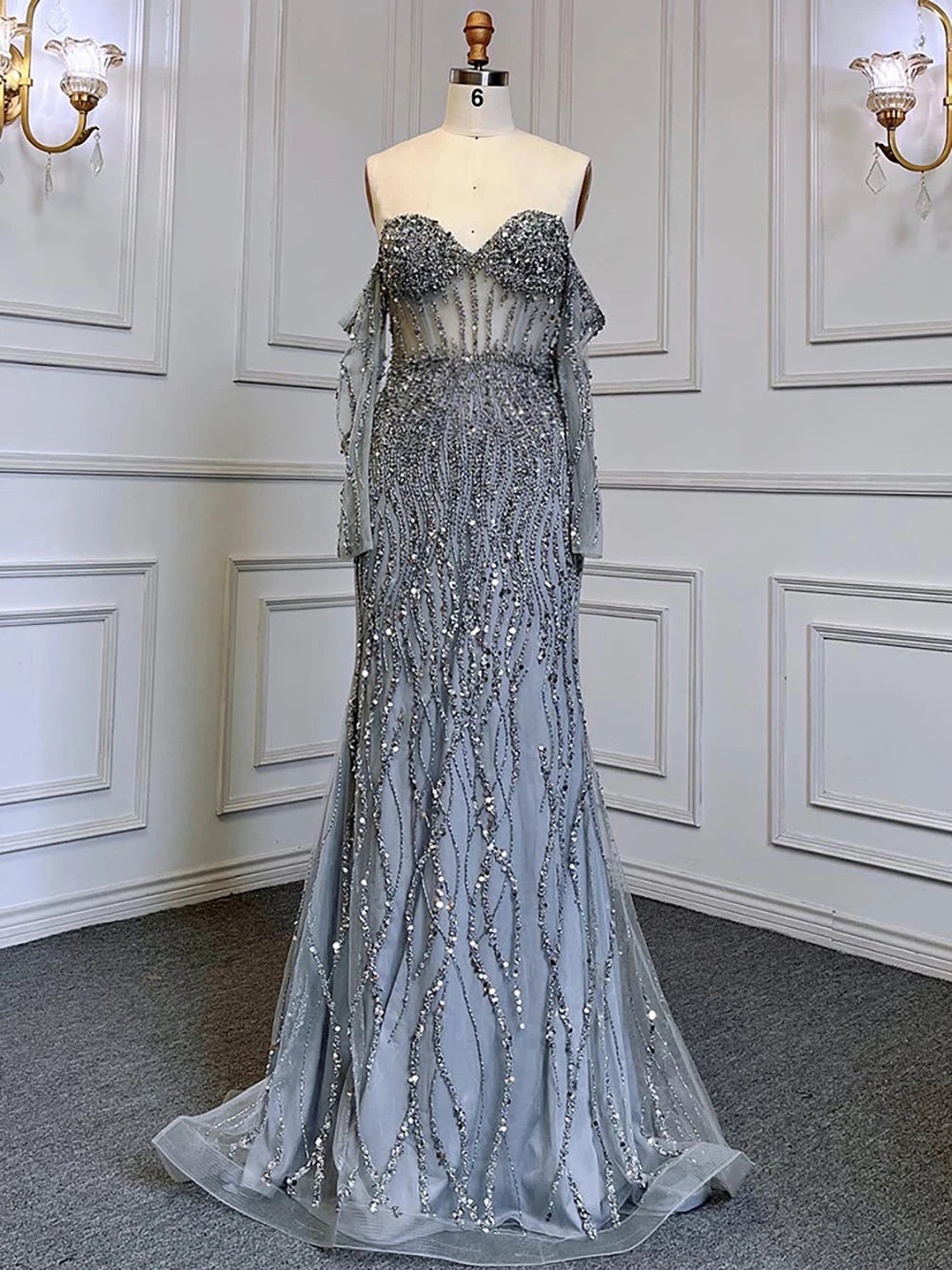 Elegant Grey Mermaid Evening Gown with Beaded Spaghetti Straps - Luxury Women's Formal Dress for Weddings, Parties & Special Occasions | Serene Hill Collection 2025