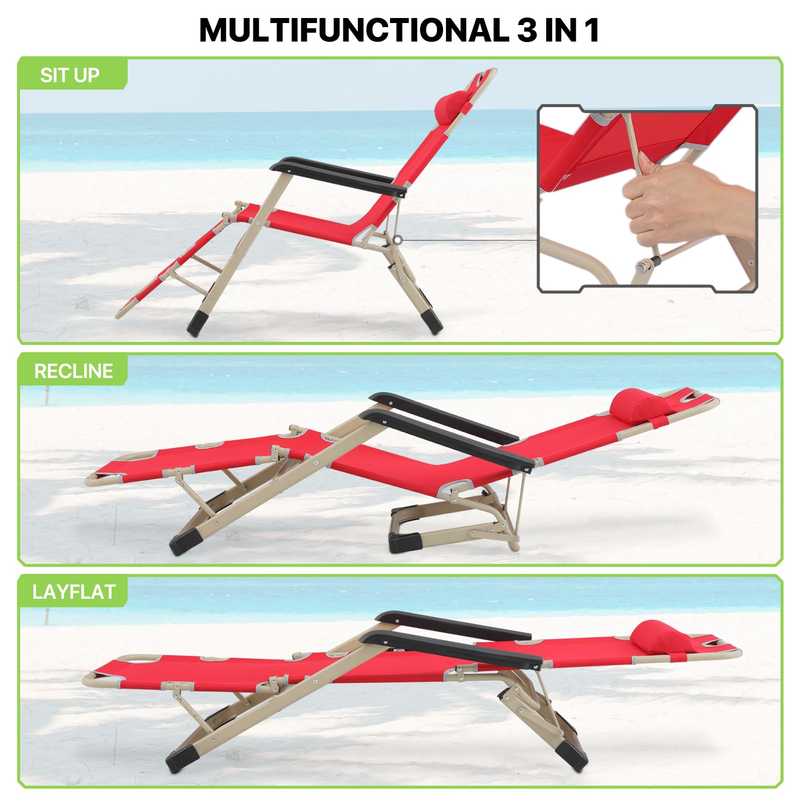 **Magshion 3-Position Folding Reclining Patio Chair – Portable Outdoor Chaise Lounge for Pool, Backyard & Beach – Supports 300 lbs (Red) – Perfect for Sunbathing, Relaxing & Lounging**