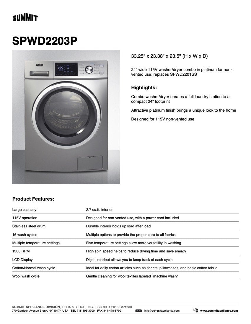 SUMMIT 24 Inch 115V Compact Washer Dryer Combo (SPWD2203P) - Perfect for Apartments, RVs & Small Spaces - Energy Efficient Laundry Solution