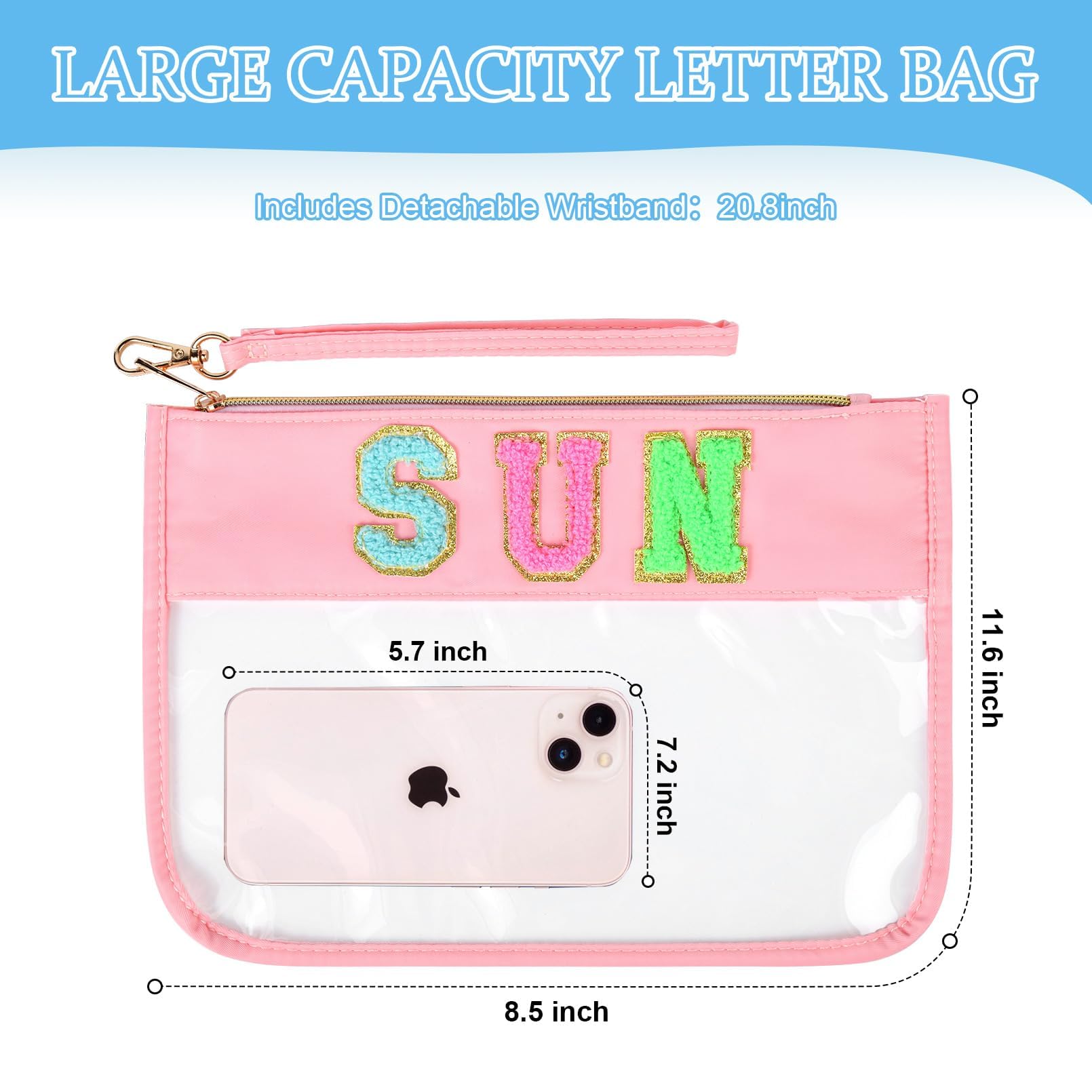 SOIDRAM SUN Bag Chenille Letter Makeup Bag - Clear Travel Zipper Nylon Cosmetic Pouch Organizer for Sunscreen & Toiletries | Waterproof Summer Travel Gifts for Women | Perfect for Beach Trips, Gym & Daily Essentials Storage