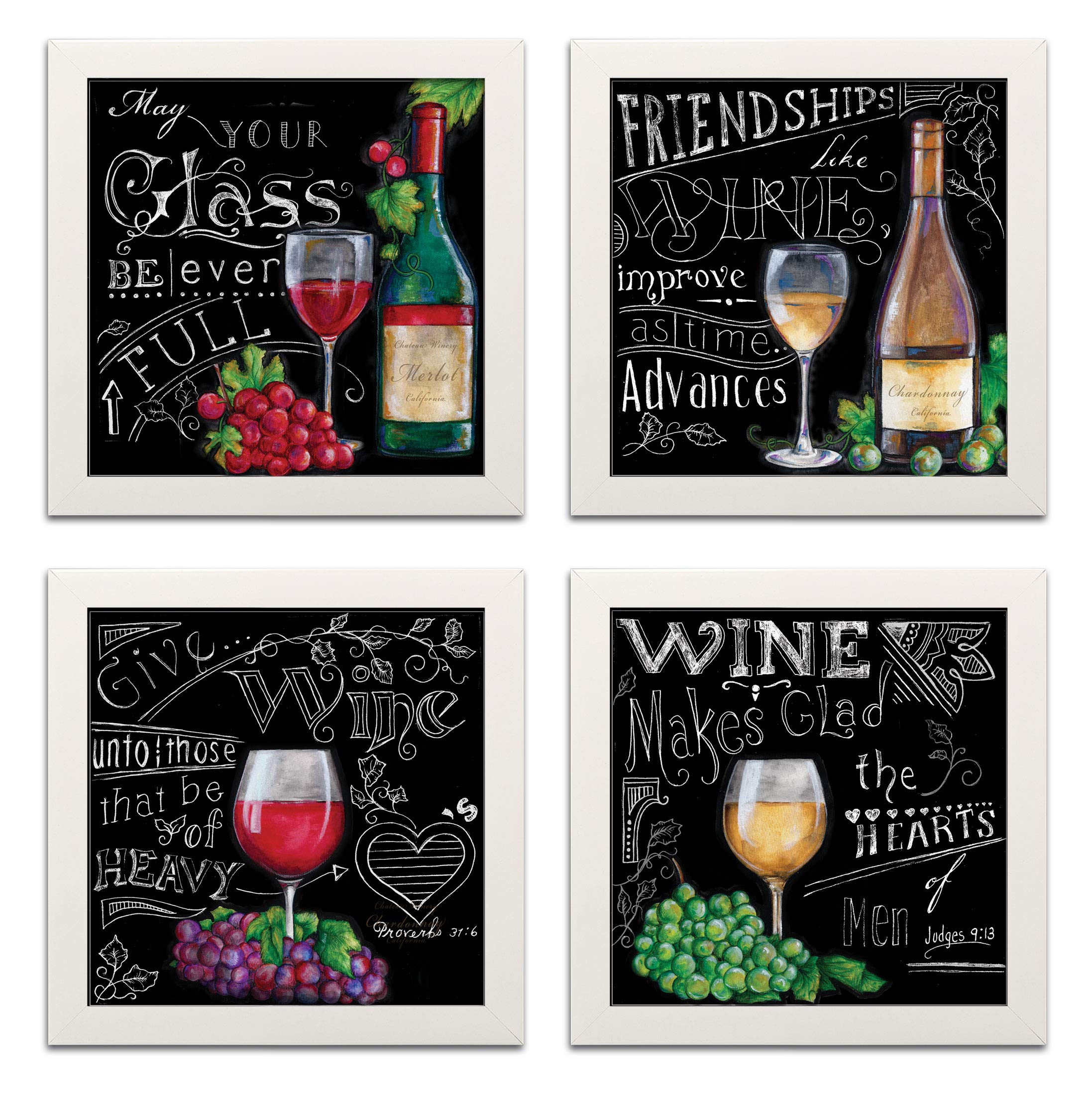 Chalkboard-Style Kitchen Wine Signs - Set of 4 White Framed 12x12 Inch Wall Art Prints for Home Decor - Ready to Hang - Perfect for Dining Room, Bar, or Wine Cellar Décor