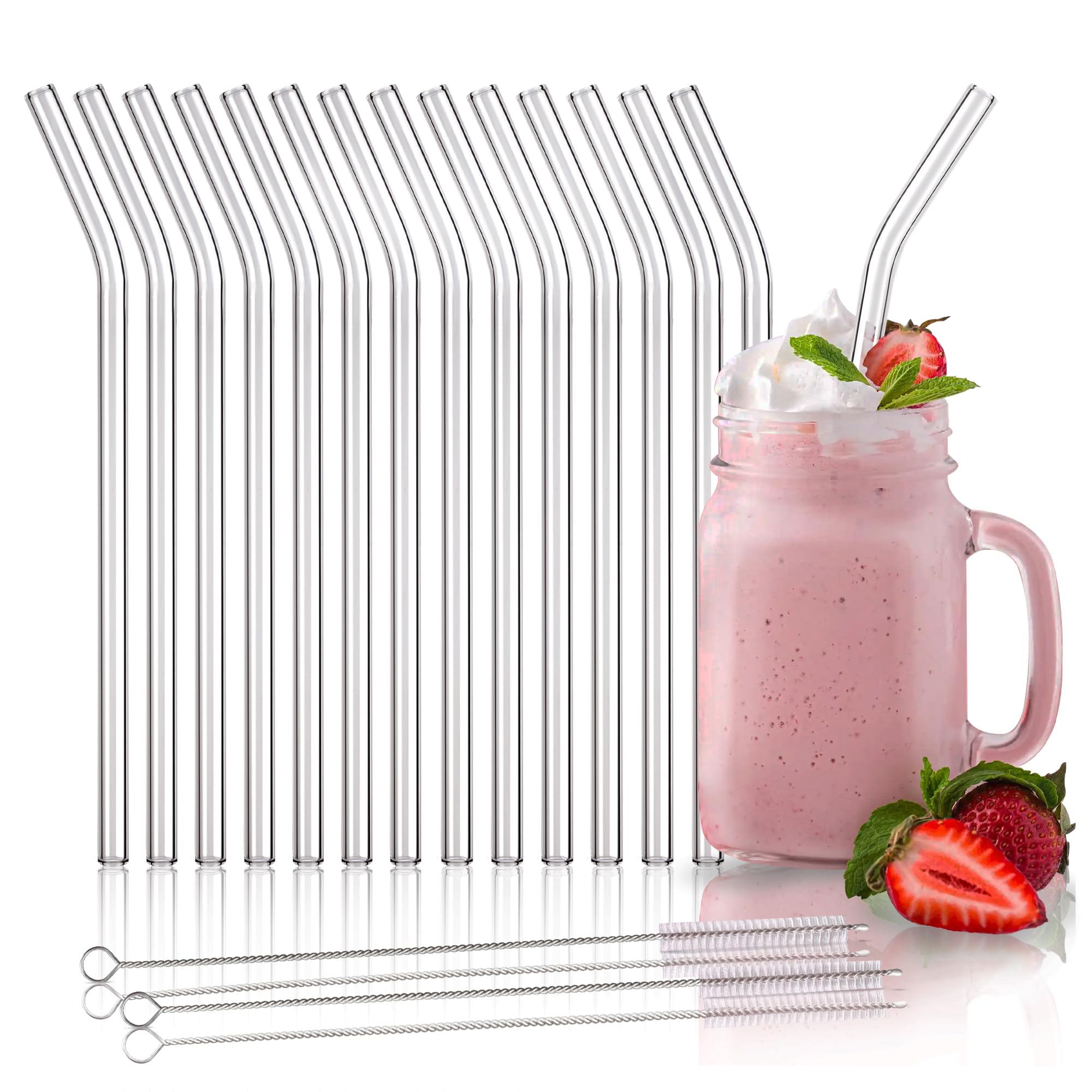 16-Pack Shatter-Resistant Glass Straws - 14 Bent & 10