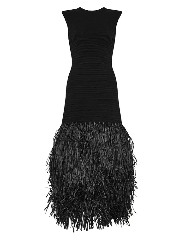 Elegant Women's Long Knit Dress with Tassel Hem - O-Neck Backless Sleeveless Maxi Dress with Zipper for Party & Evening Wear | Slim Fit Formal Gown for Weddings, Cocktails & Special Occasions
