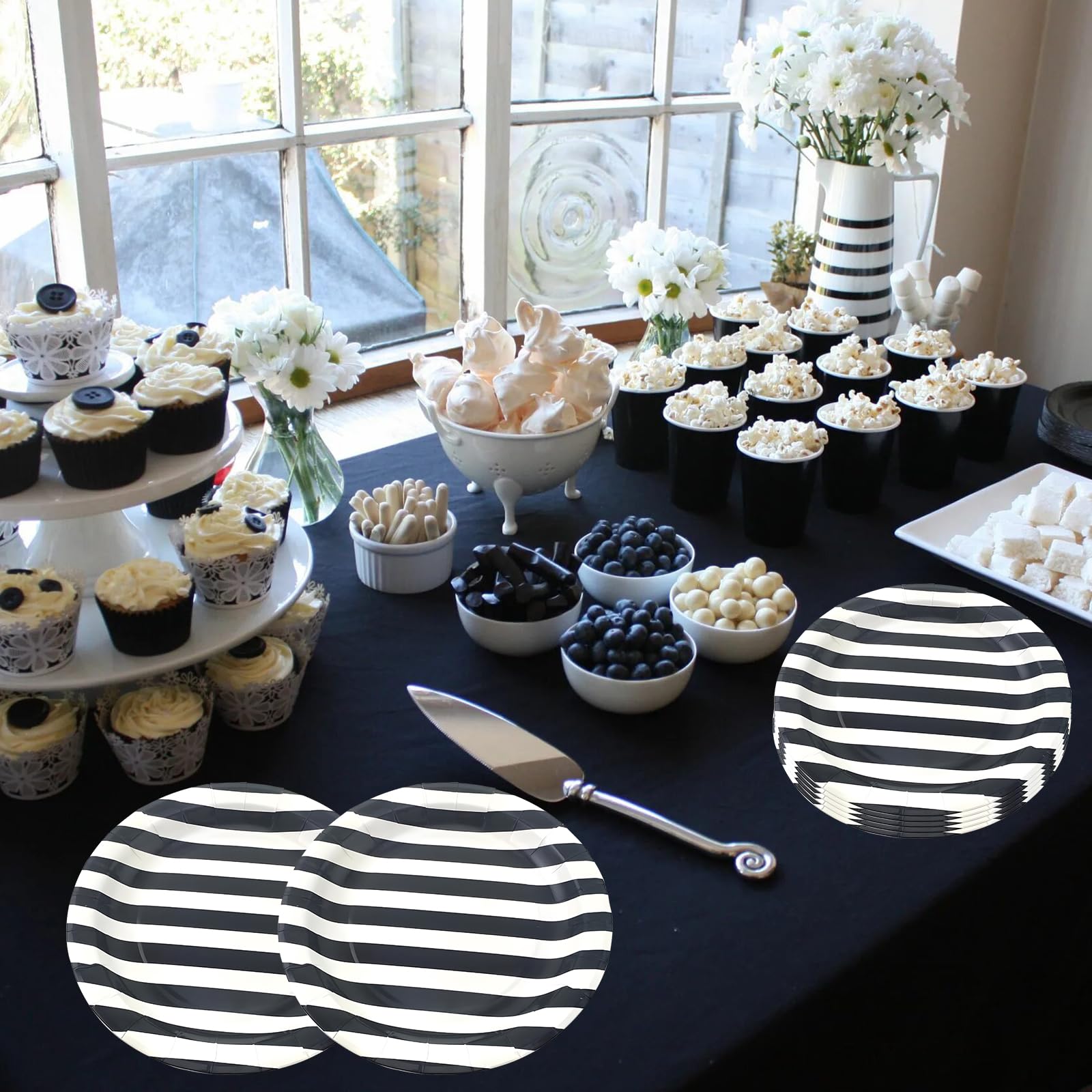 Black Striped Paper Plates 72pcs - 9 Inch Round Disposable Party Plates for Desserts, Cakes, Fruits - Perfect for Birthday Parties, Baby Showers & Picnics